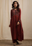 Red Ajrakh Print Flaredand Gathered Kurta with Pockets
