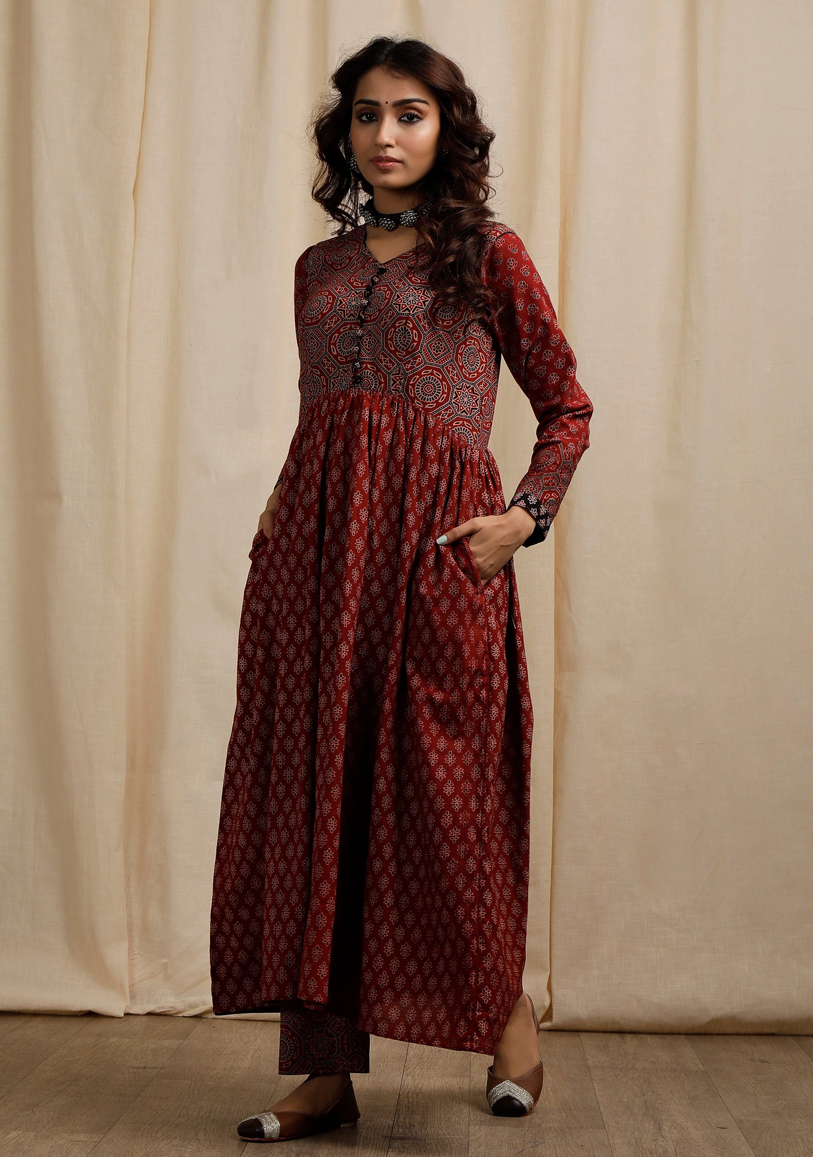 Red Ajrakh Print Flaredand Gathered Kurta with Pockets