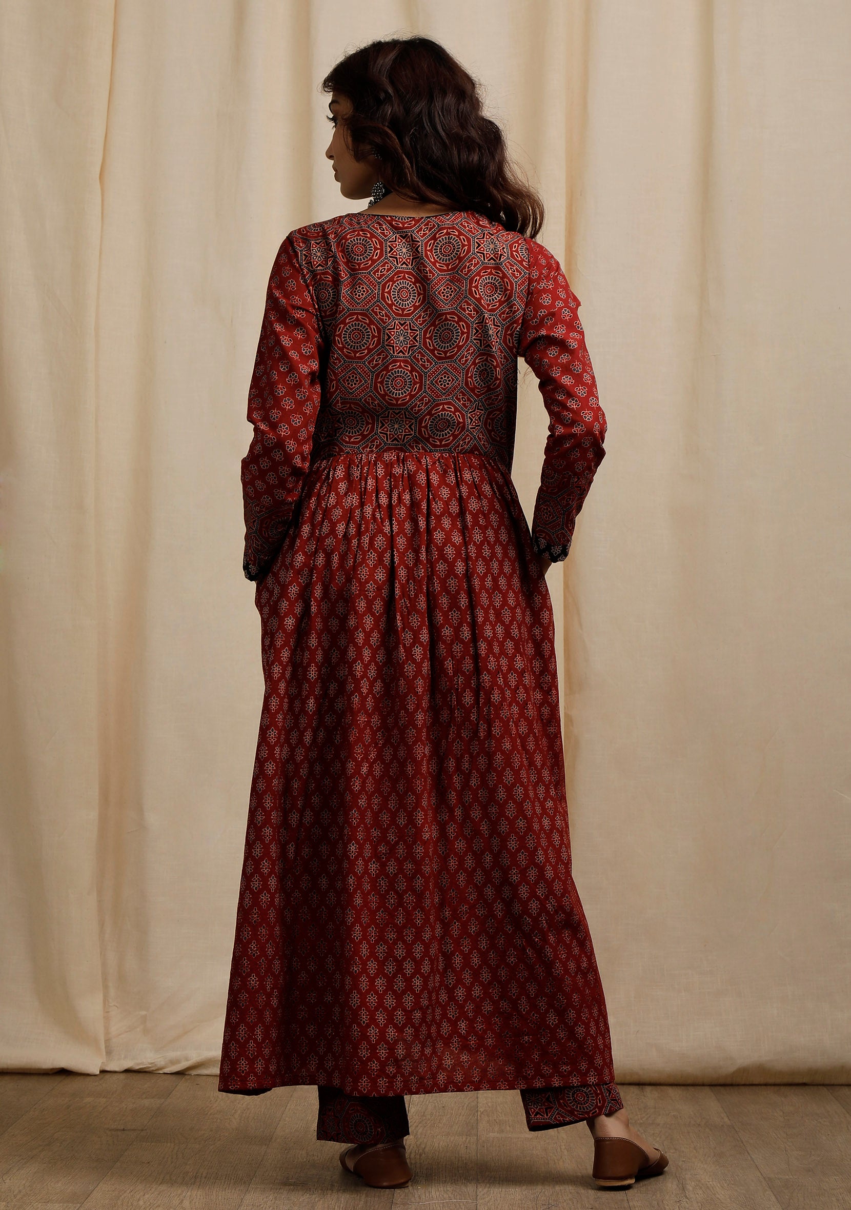 Red Ajrakh Print Flaredand Gathered Kurta with Pockets