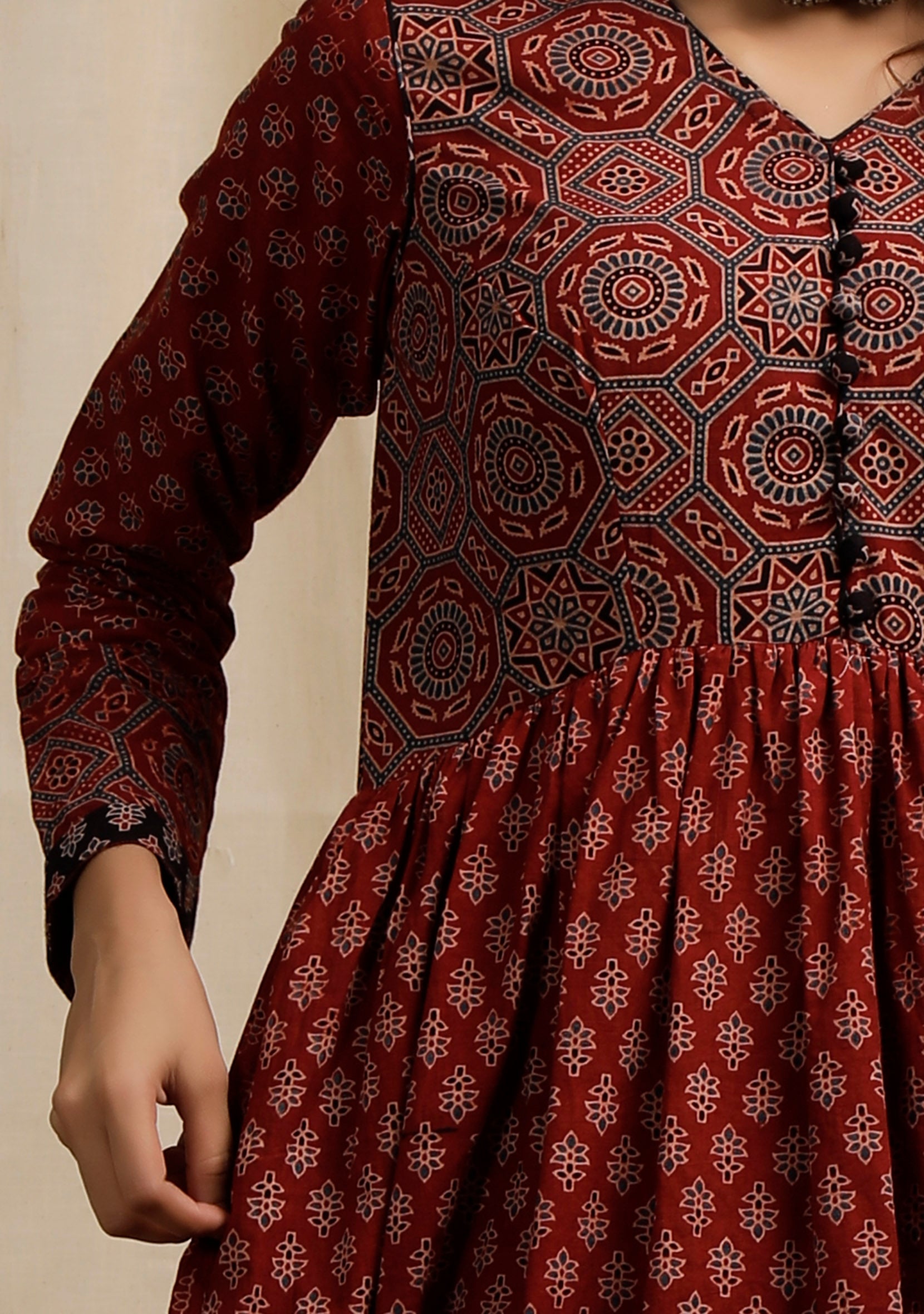 Red Ajrakh Print Flaredand Gathered Kurta with Pockets