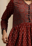 Red Ajrakh Print Flaredand Gathered Kurta with Pockets