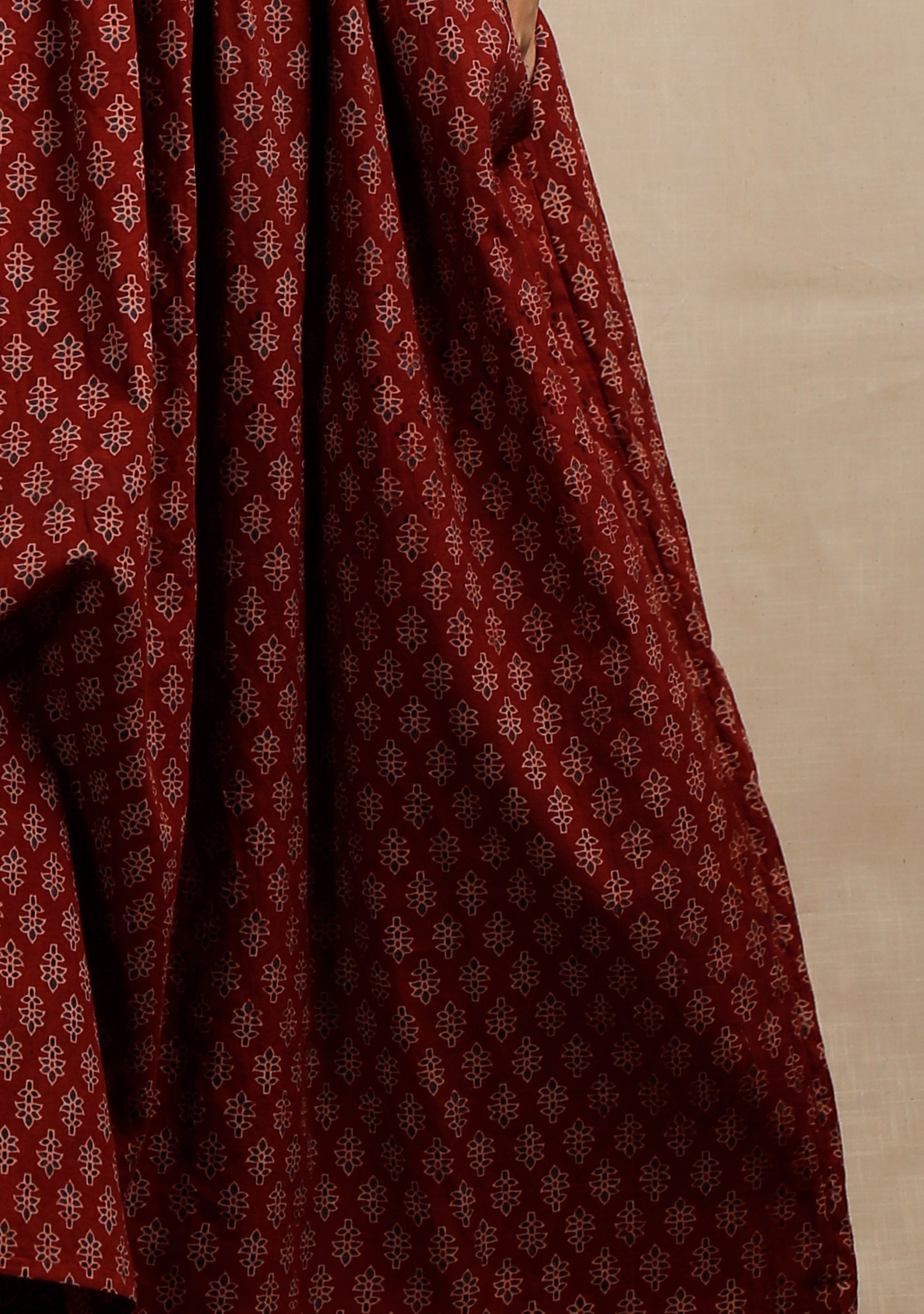 Red Ajrakh Print Flaredand Gathered Kurta with Pockets