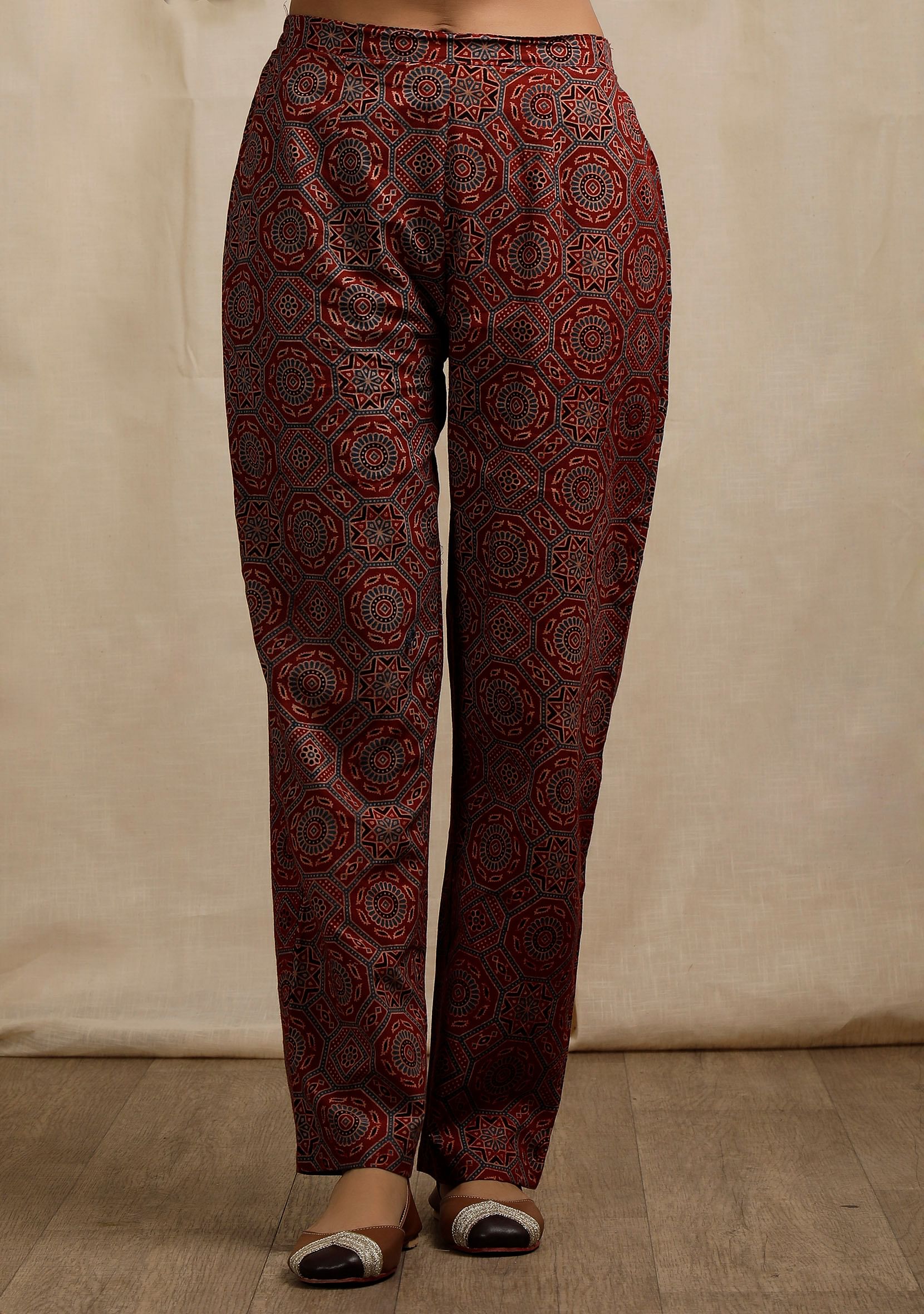 Red Ajrakh Print Straight Pants