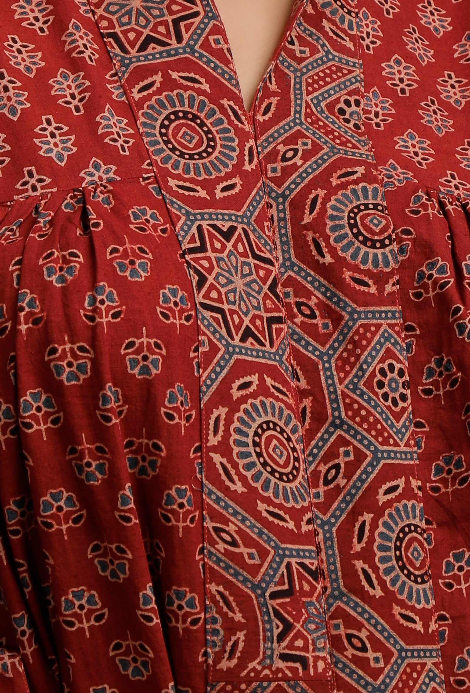 Set of 2:  Red Ajrakh Print Gathered and Flared Kurta with Ajrakh Print Churidar