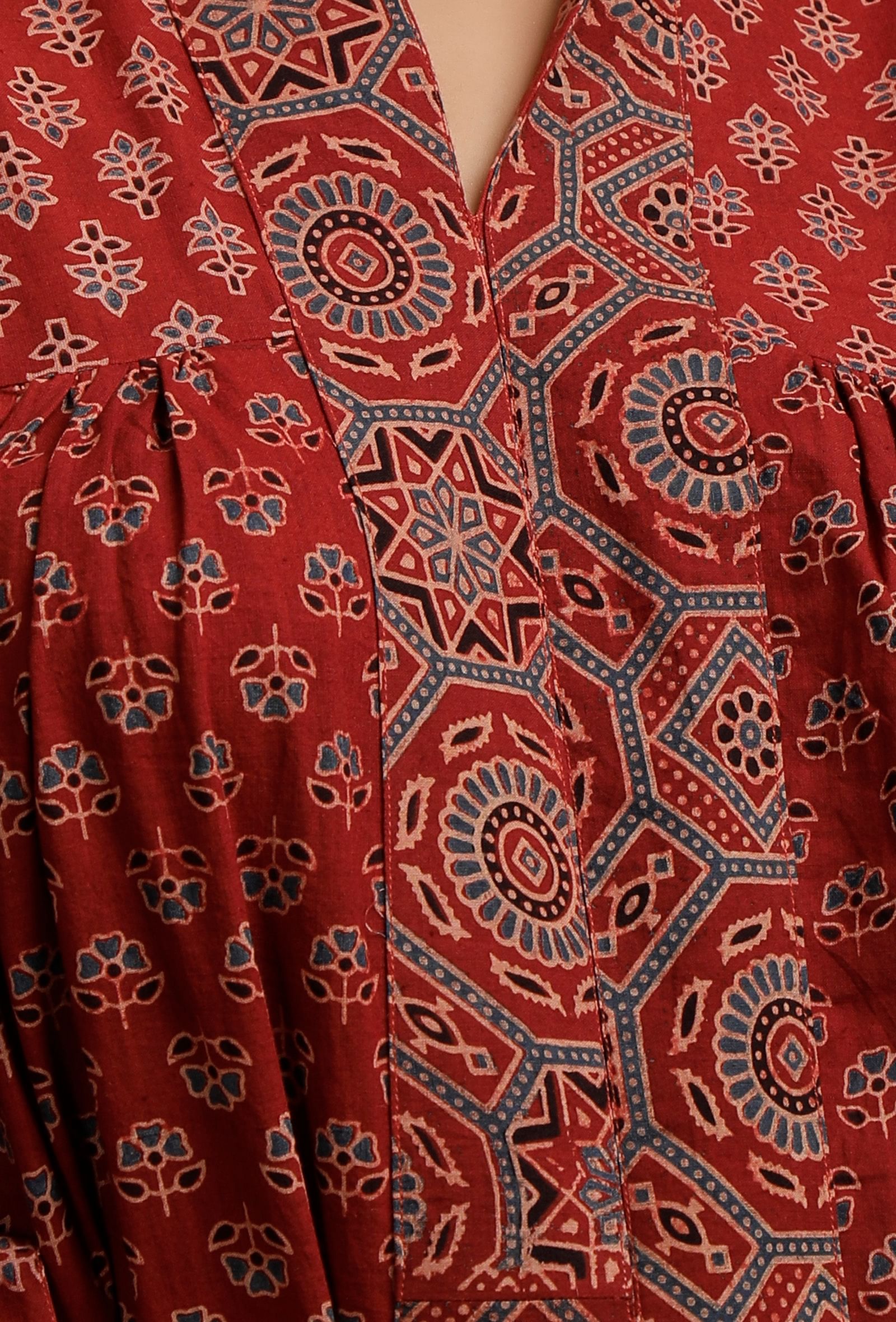 Red Ajrakh Print Gathered and Flared Kurta
