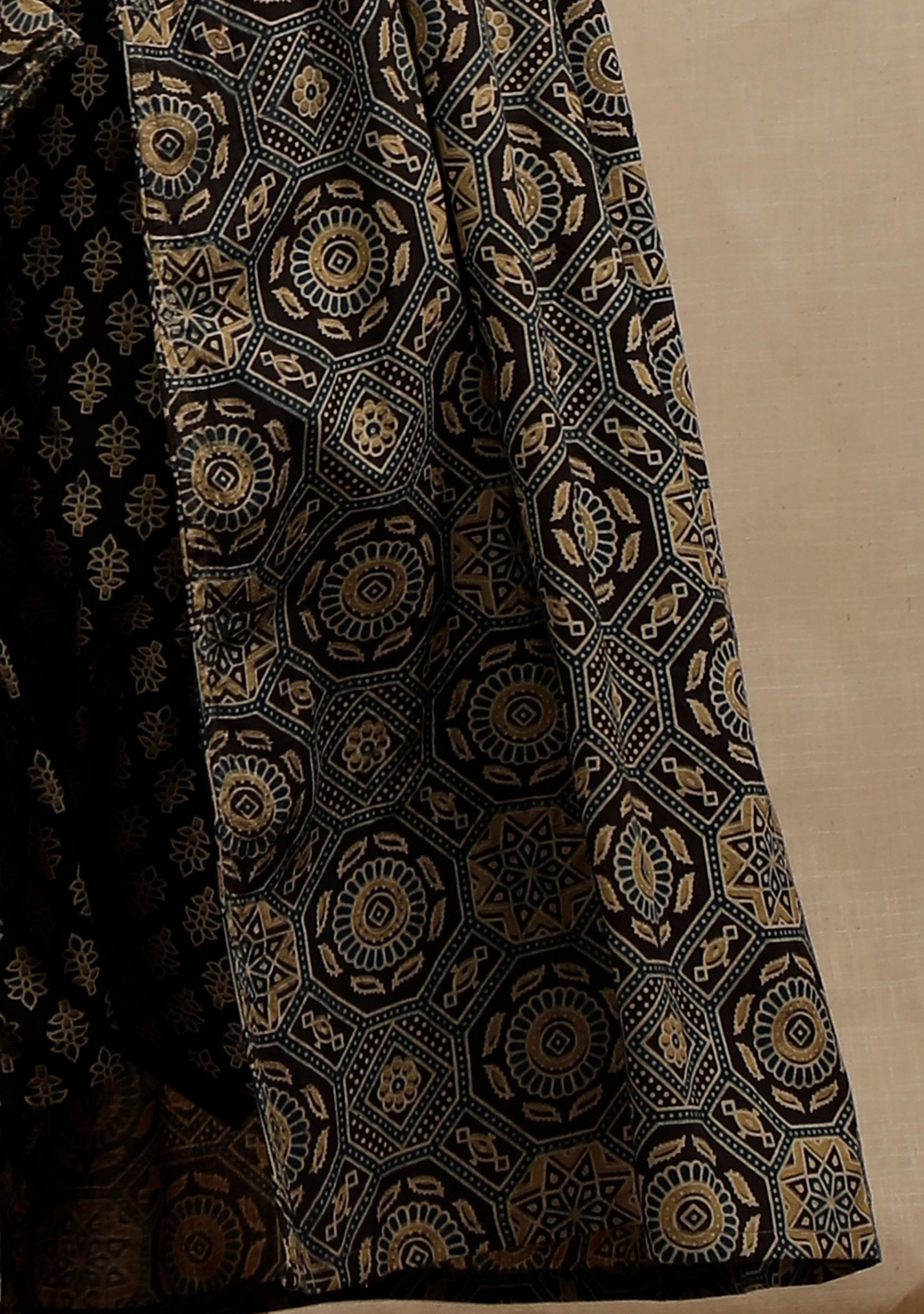 Olive Green Ajrakh Print Front Tie-up Gathered and Flared Overlay