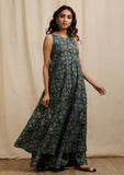 Set of 2:  Blue Ajrakh Print Sleeveless Flared Kurta and Blue Ajrakh Print Flared Pants