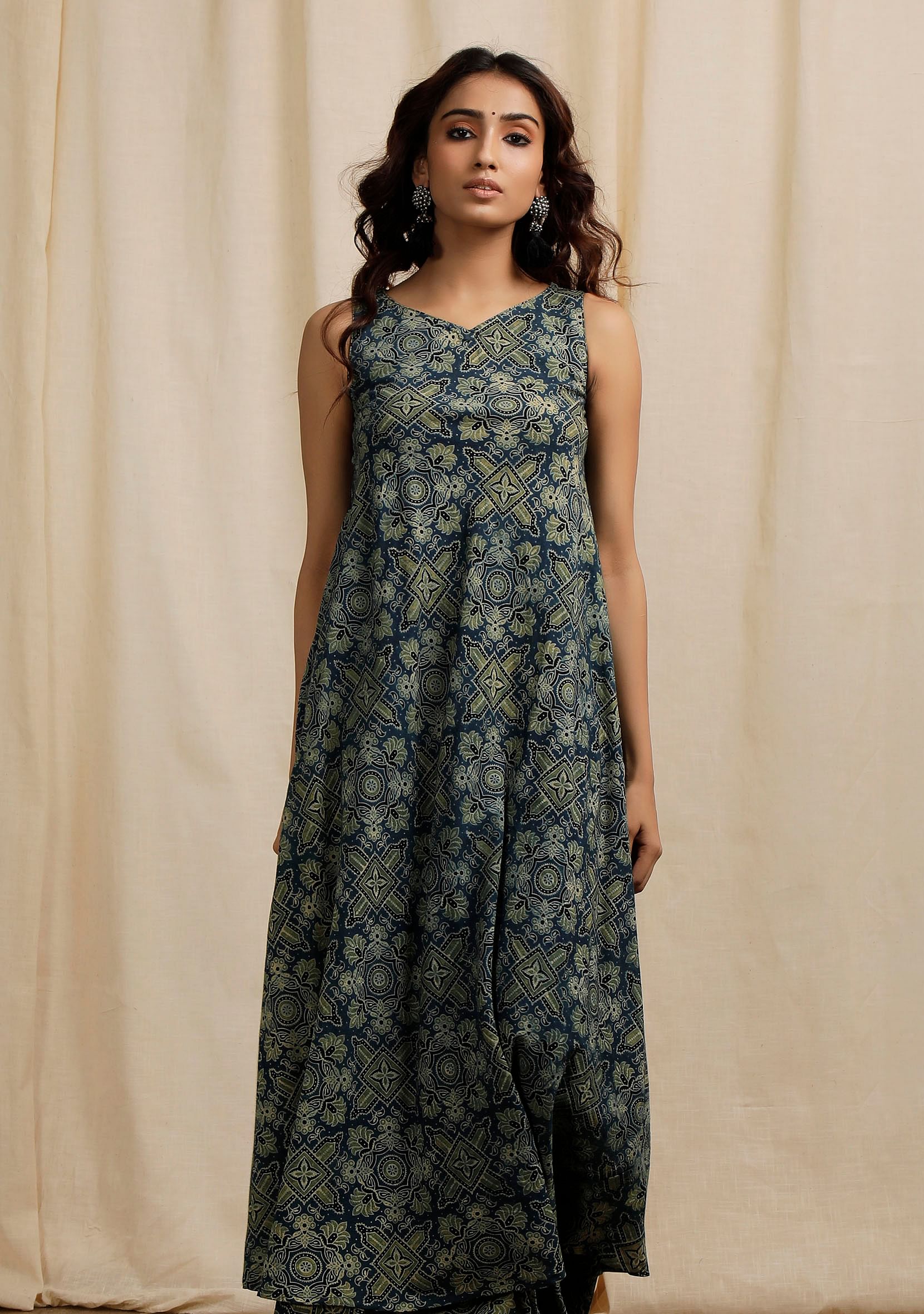 Blue Ajrakh Print Sleeveless Flared Kurta