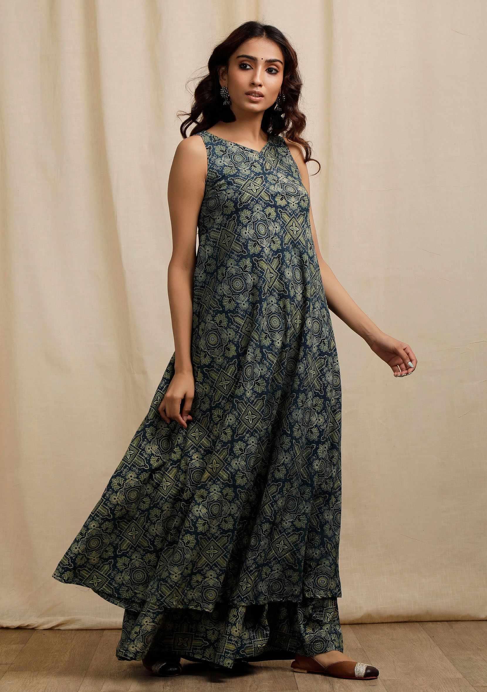 Blue Ajrakh Print Sleeveless Flared Kurta