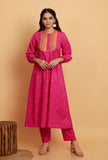 Set of 2: Pink A-line Woven Kurta with Pink Woven Straight Pants