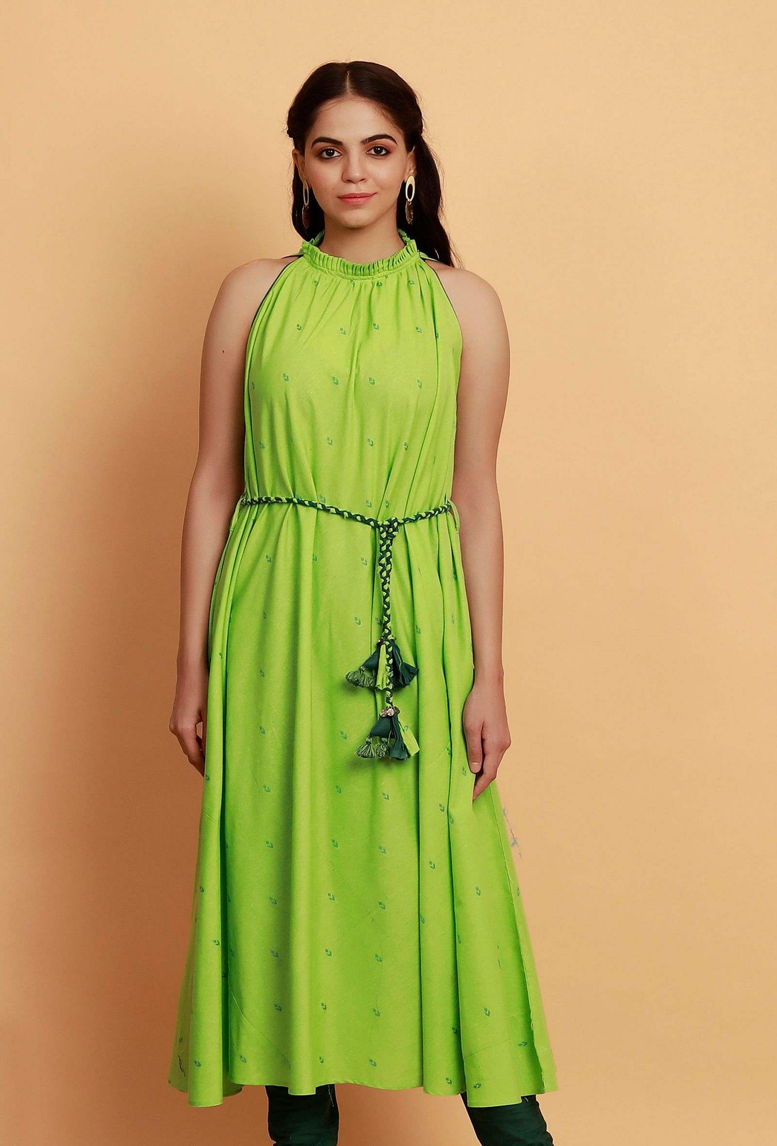 Mint Green Halter Neck Gathered Flared Sleeveless Woven Kurta with Tie Around Waist Belt