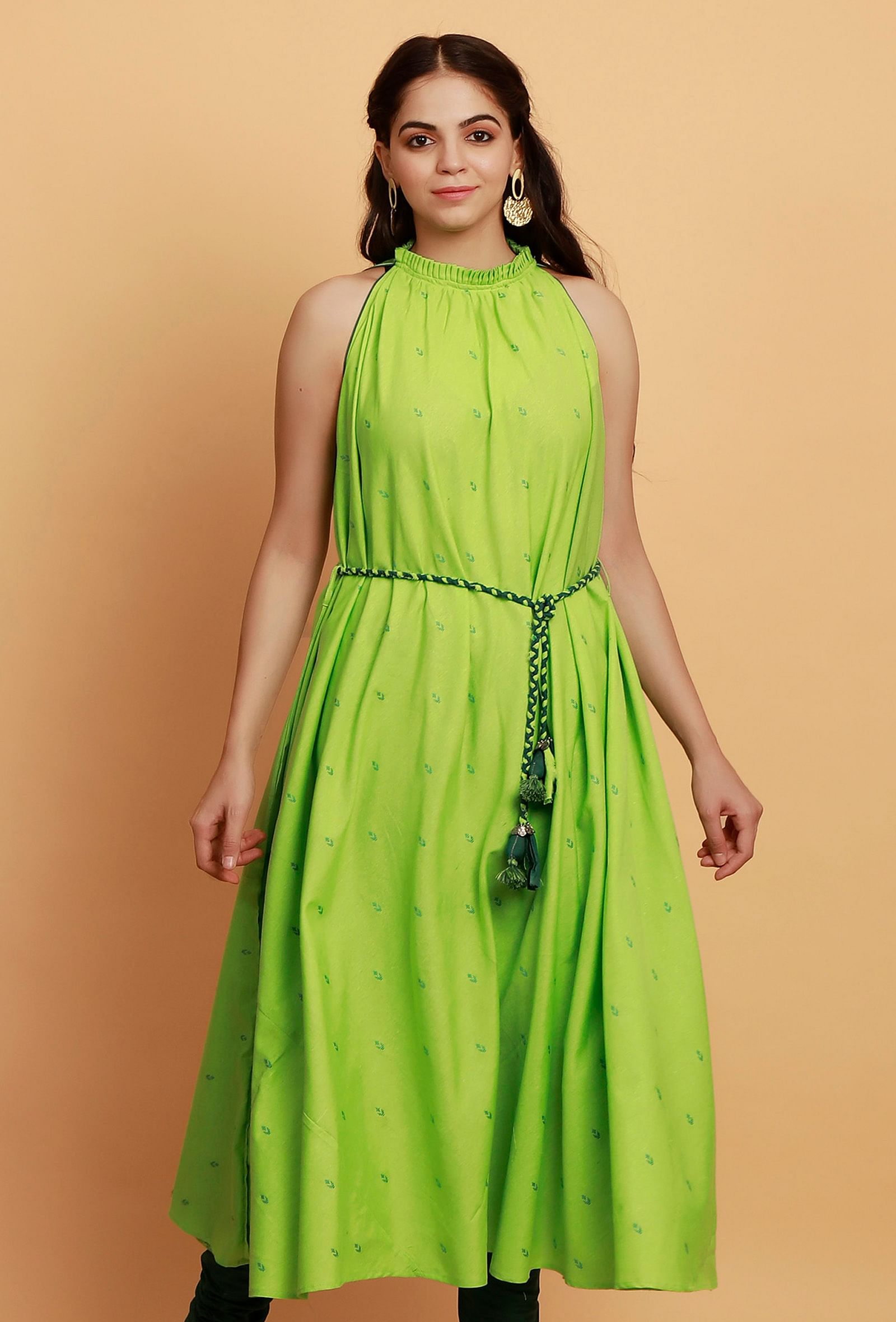 Mint Green Halter Neck Gathered Flared Sleeveless Woven Kurta with Tie Around Waist Belt