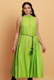 Mint Green Halter Neck Gathered Flared Sleeveless Woven Kurta with Tie Around Waist Belt