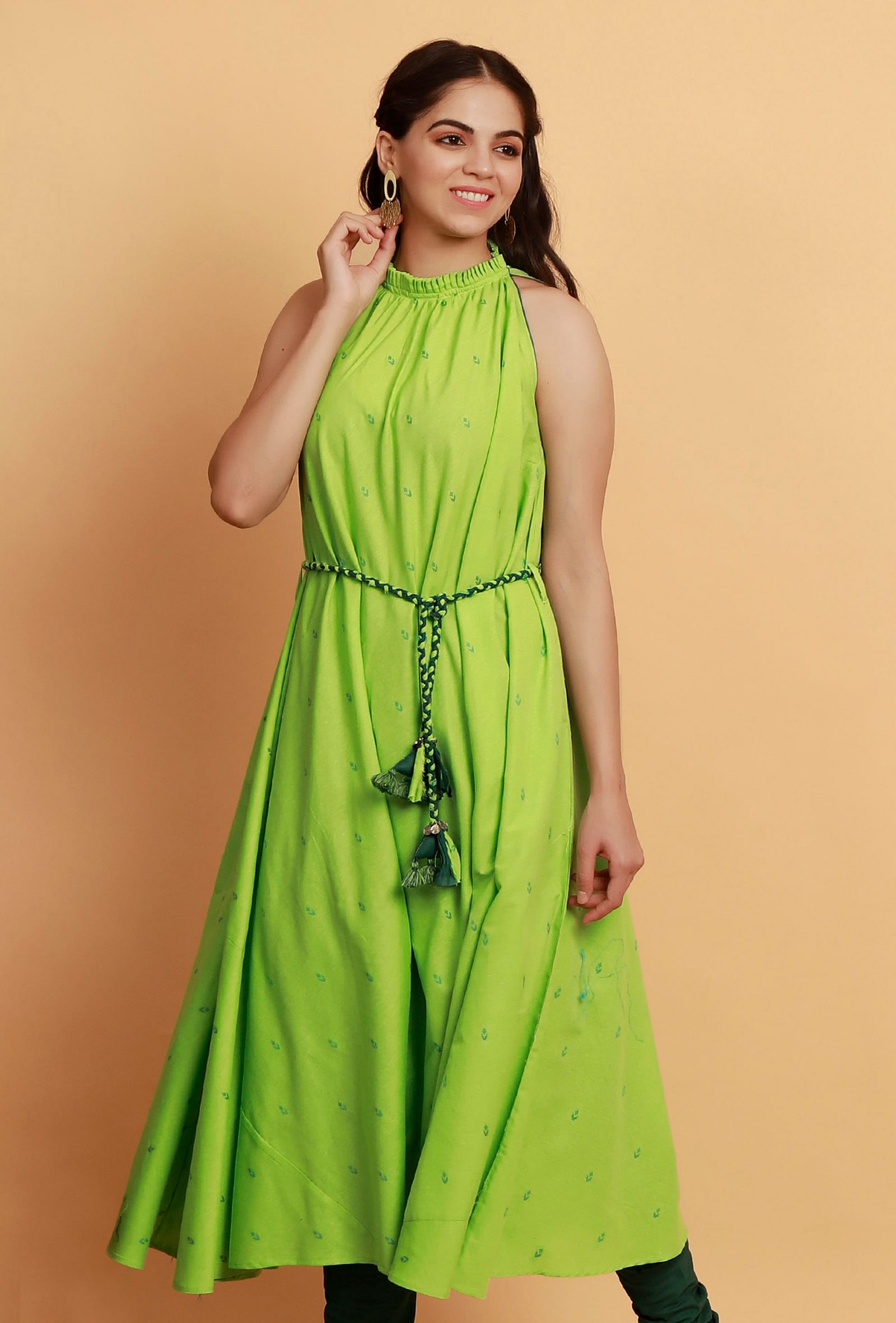 Mint Green Halter Neck Gathered Flared Sleeveless Woven Kurta with Tie Around Waist Belt