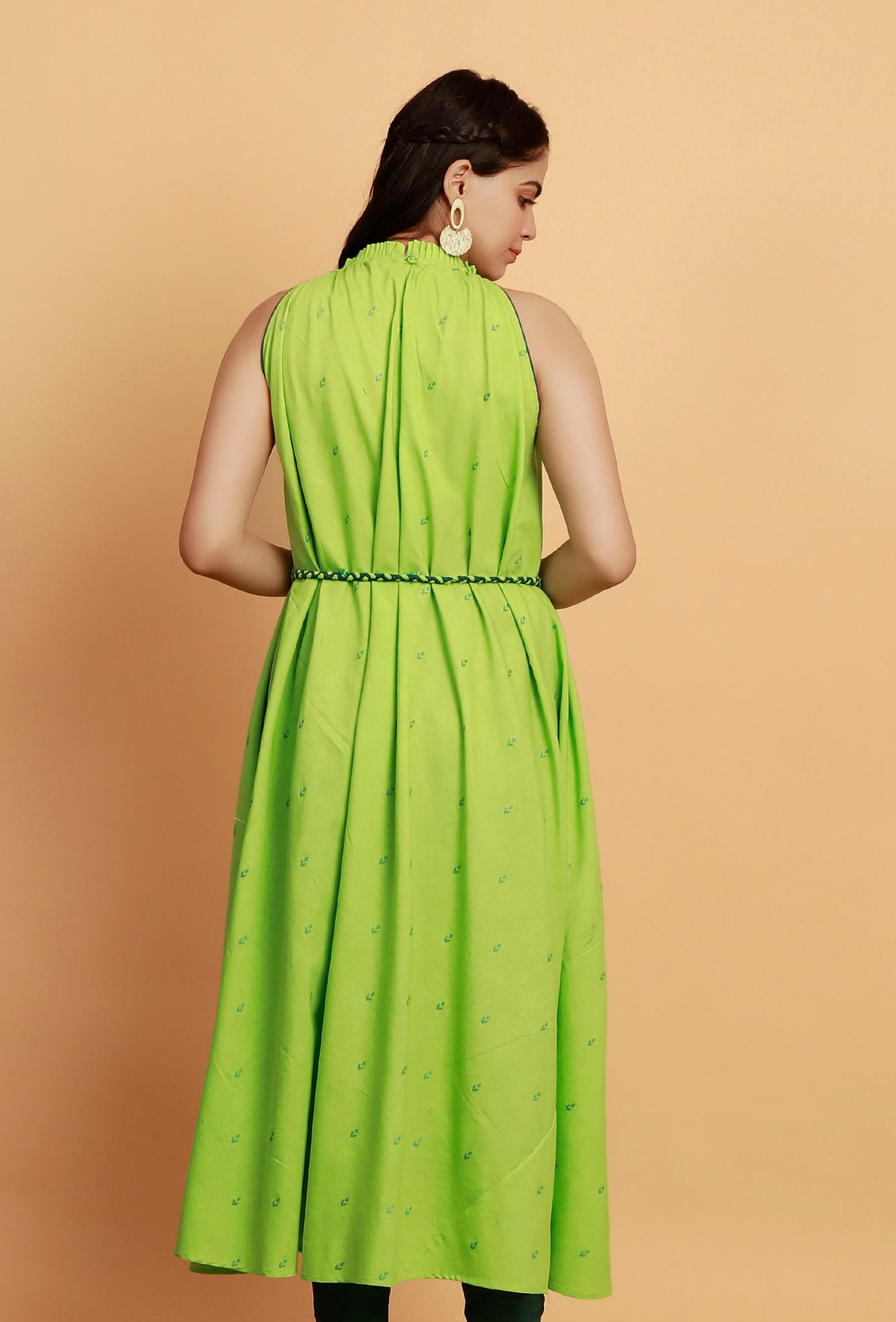 Mint Green Halter Neck Gathered Flared Sleeveless Woven Kurta with Tie Around Waist Belt