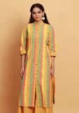 Yellow Multicolor Stripe Straight Woven Kurta