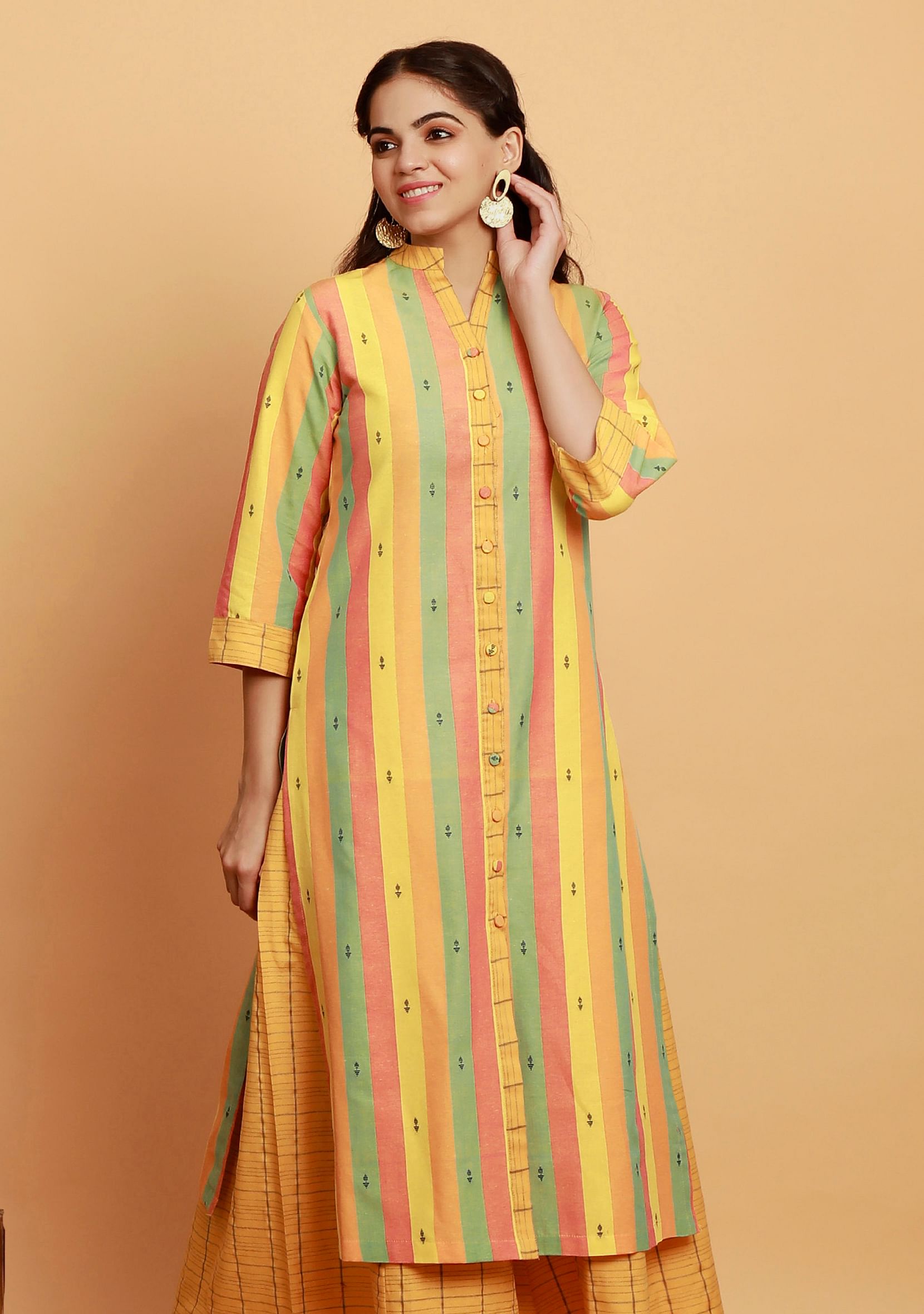 Yellow Multicolor Stripe Straight Woven Kurta
