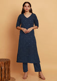 Set of 2: Oxford Blue Straight V-neck Woven Kurta With Straight Woven Pants