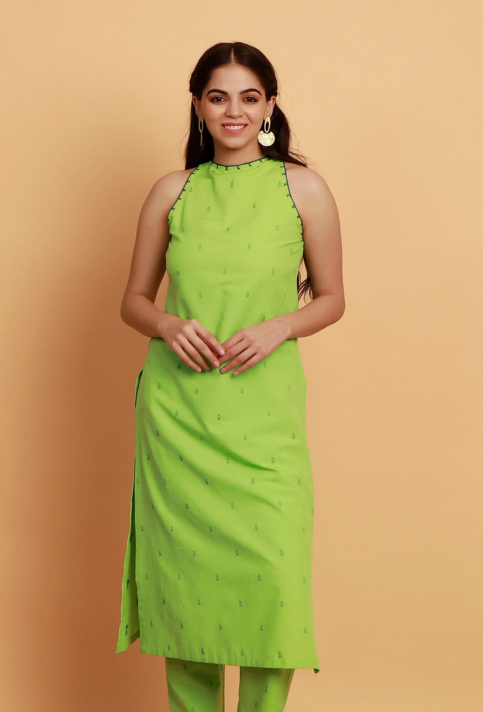 Mint Green Embroidery Halter Neck Straight Woven Kurta