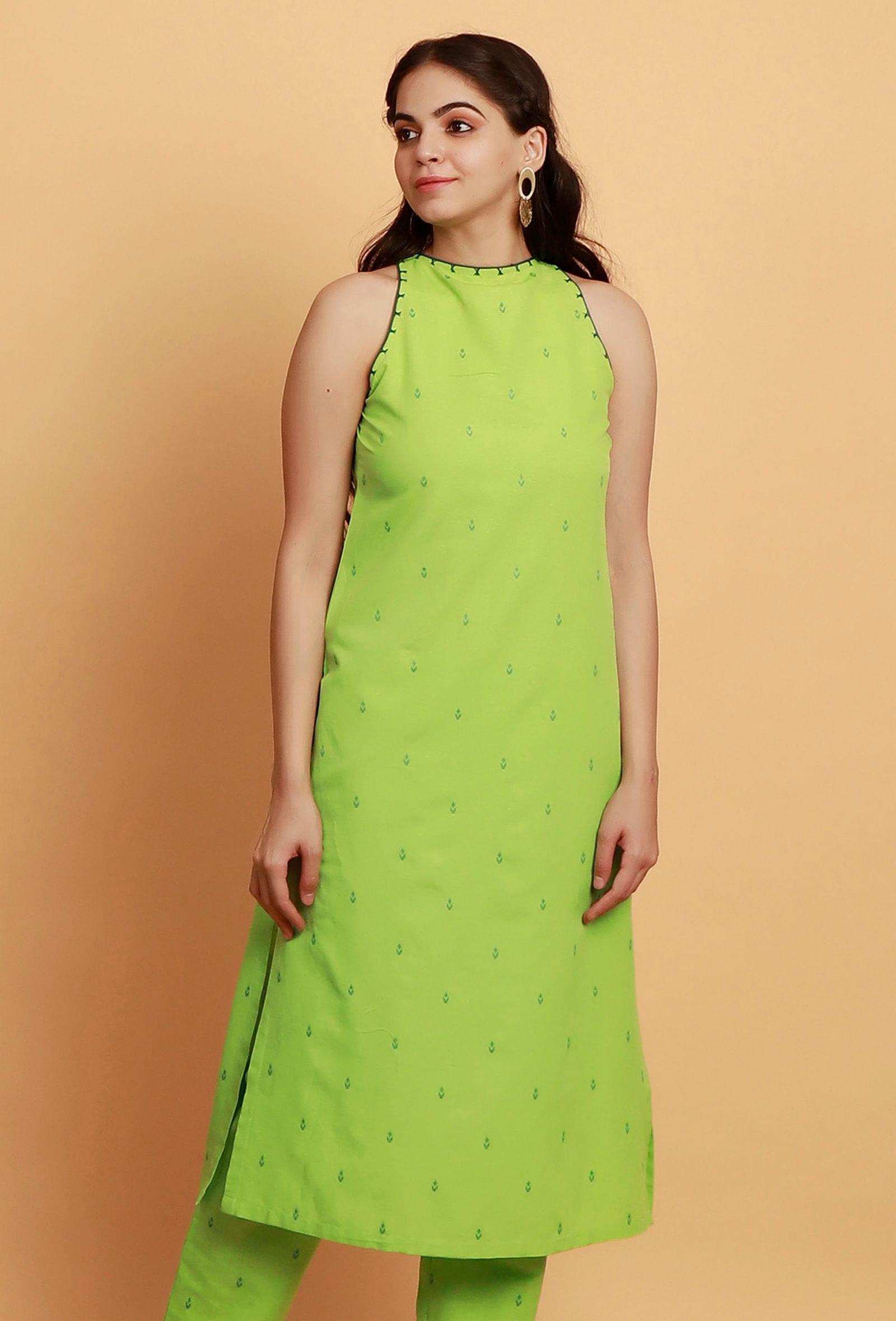 Mint Green Embroidery Halter Neck Straight Woven Kurta