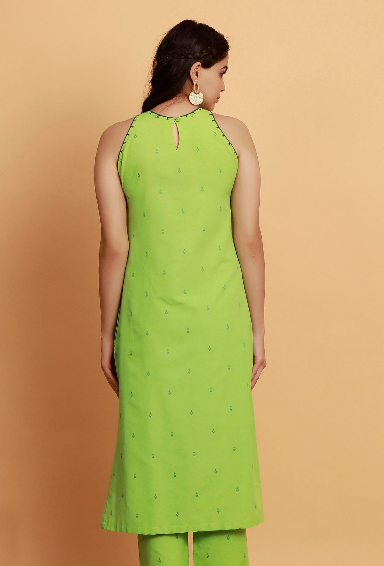 Mint Green Embroidery Halter Neck Straight Woven Kurta