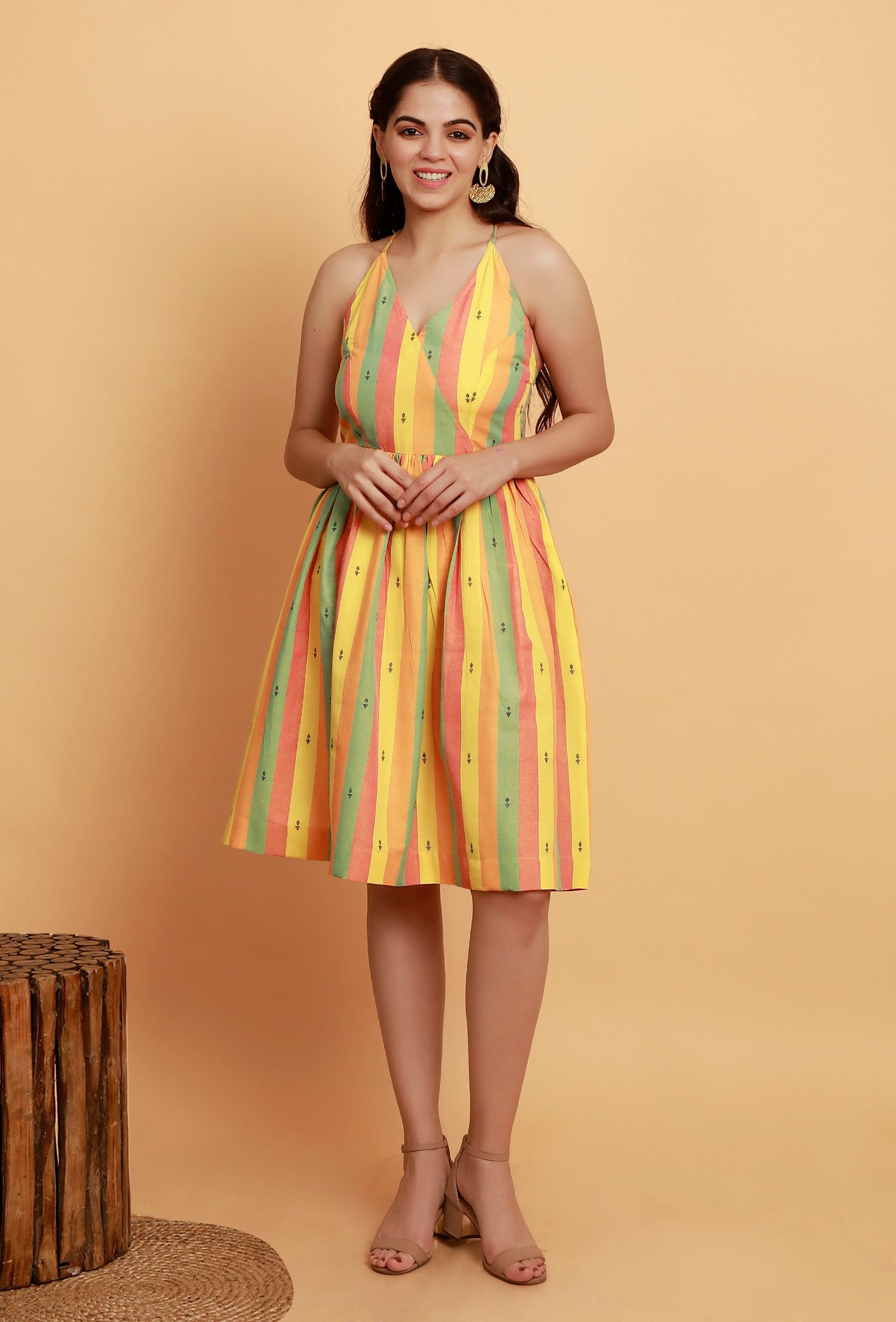 Yellow Multicolor Flared Sleeveless Woven Dress