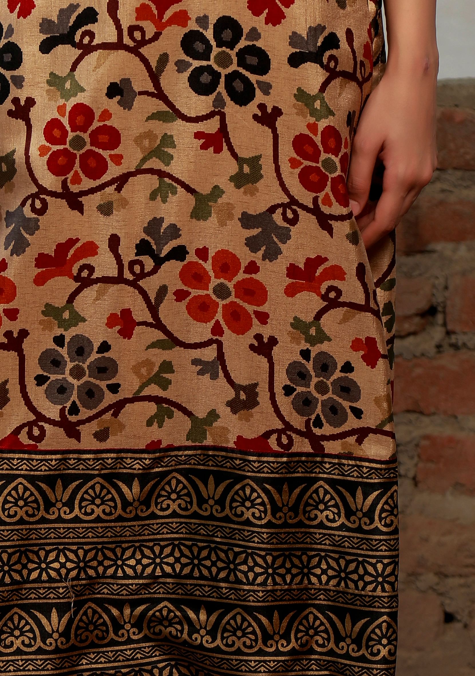 Set Of 3: Beige Kalamkari Printed Cotton Silk Straight Kurta With Chanderi Narrow Pants & Georgette Dupatta.