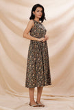 Black Kalamkari Gathered And Flared Cotton Dress