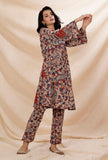 Set of 2: Rust Red Kalamkari Flared Cotton Kurta With Straight Cotton Pants