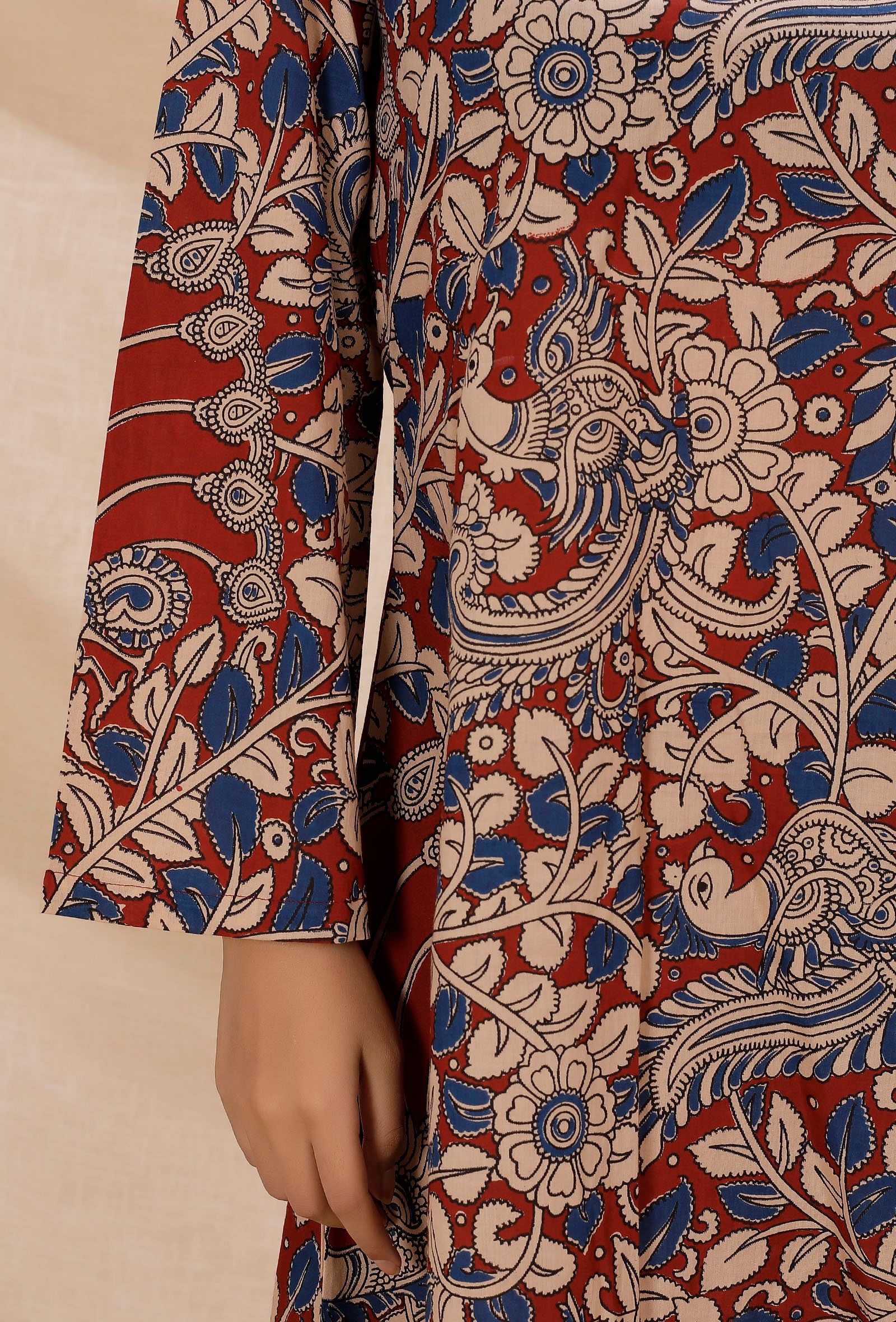 Set of 2: Rust Red Kalamkari Flared Cotton Kurta With Straight Cotton Pants