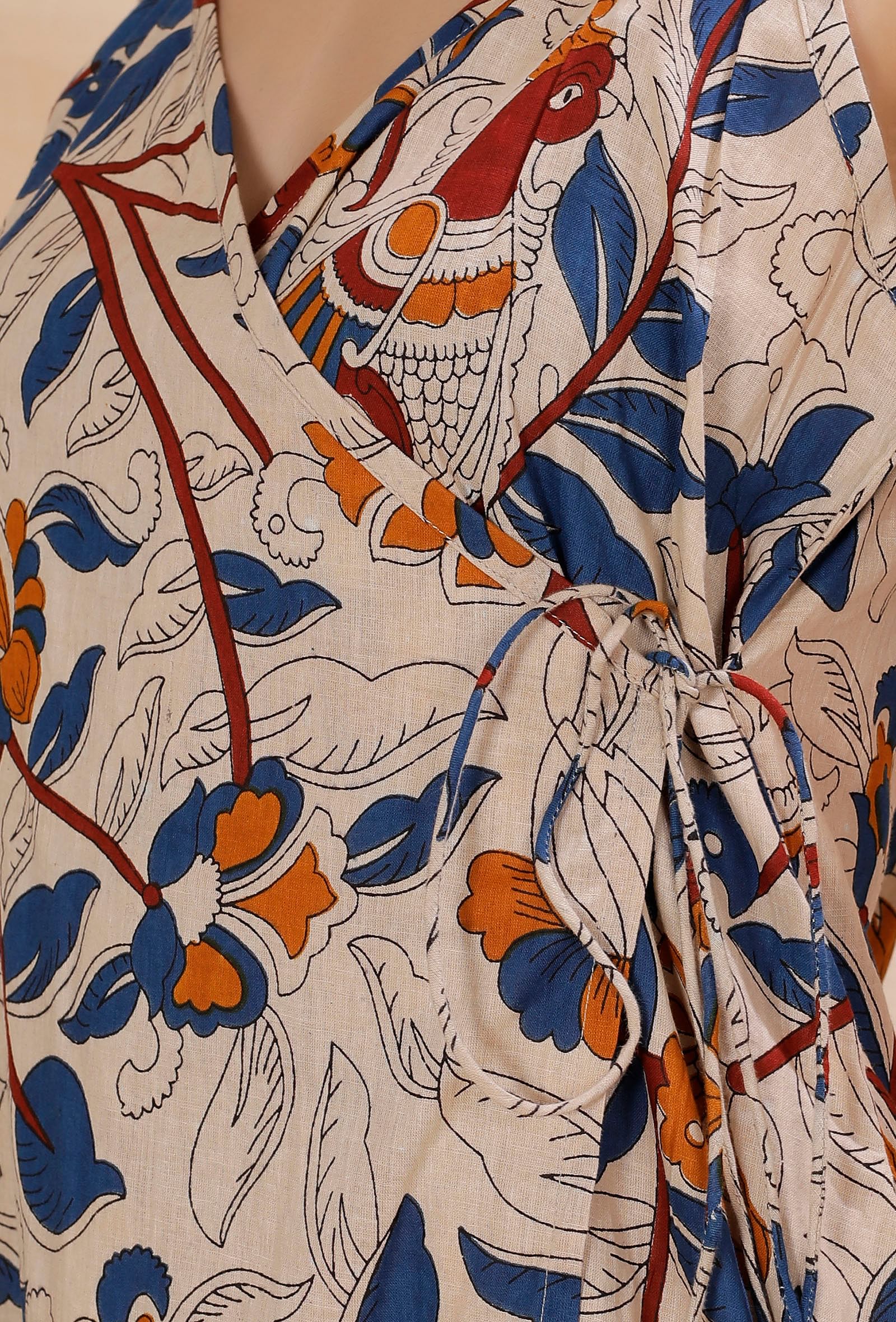 Beige Kalamkari Cotton Angrakha Kurta