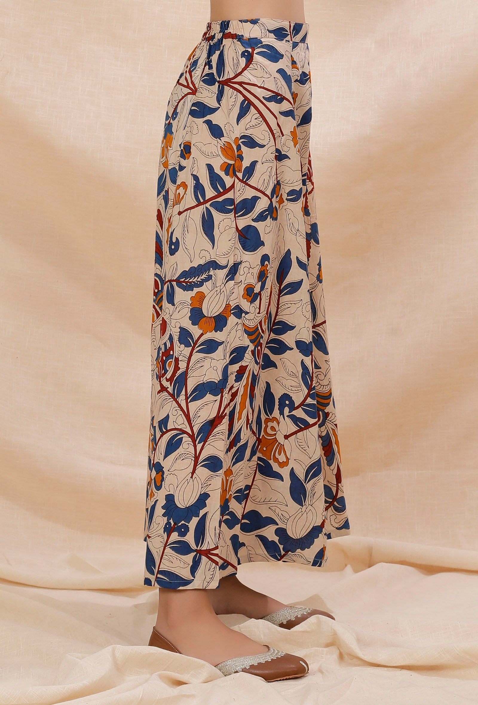 Beige Kalamkari Contrast Print Flared Cotton Pants