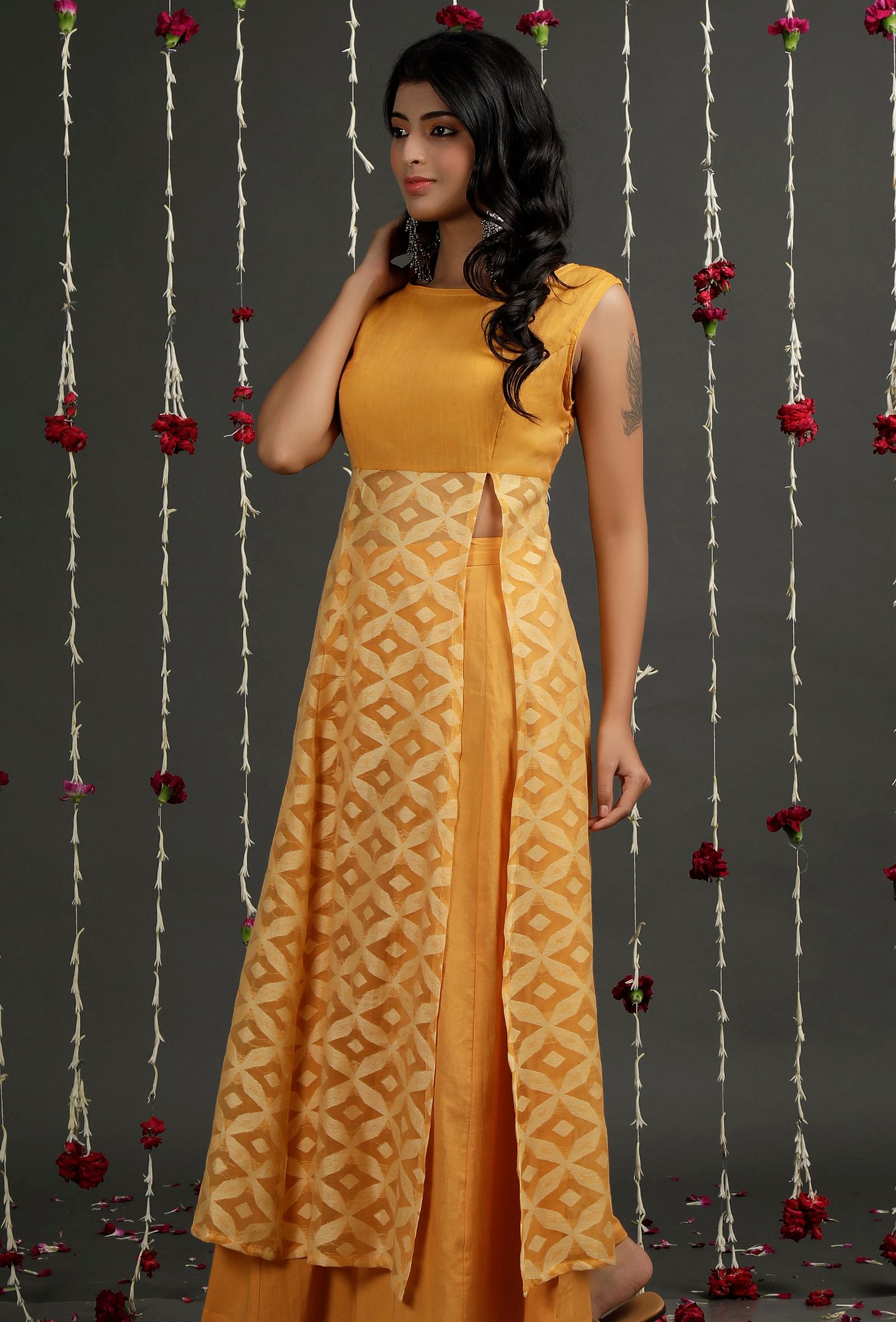 Sheer Mustard Floral Jamdani Flared Kurta