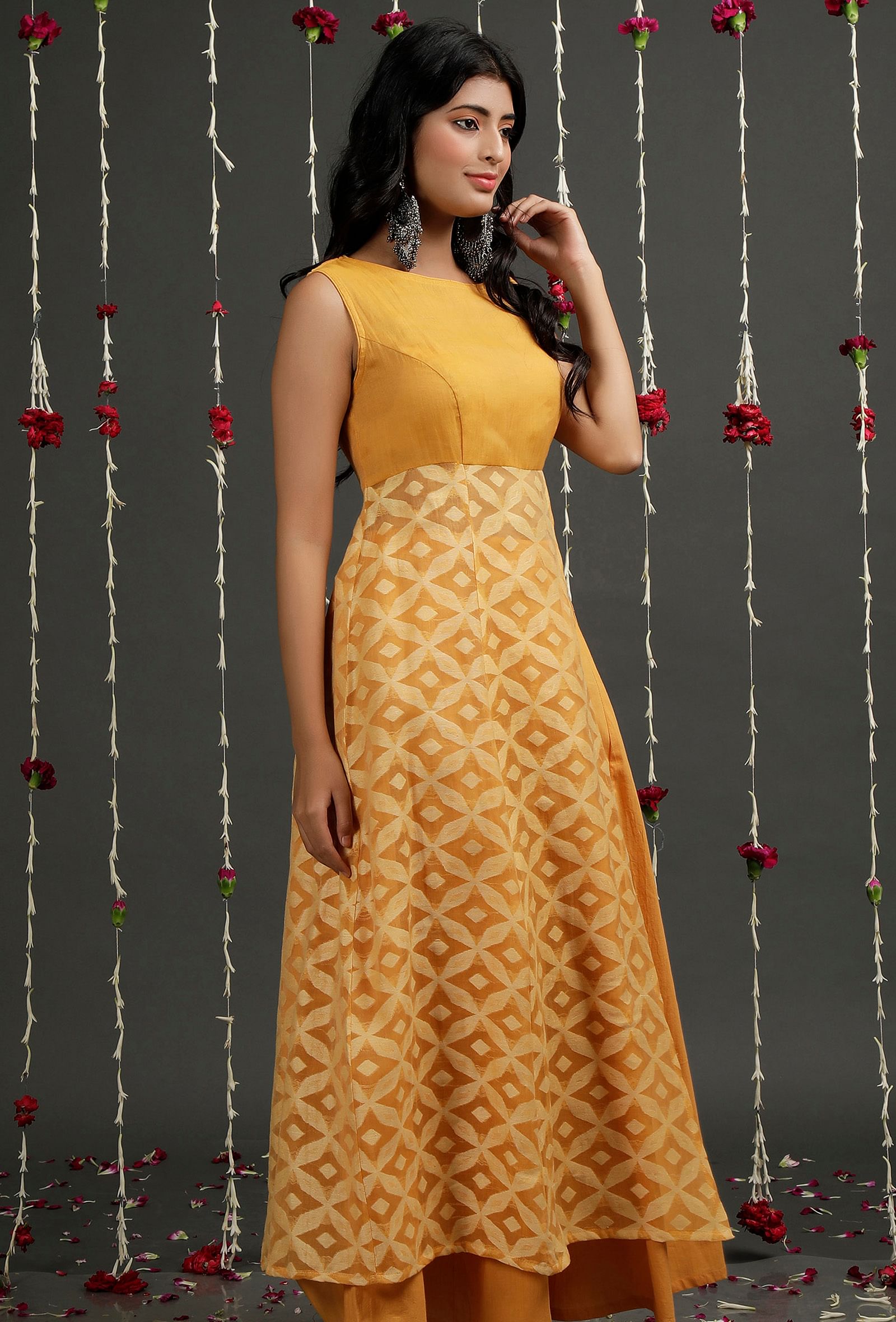 Sheer Mustard Floral Jamdani Flared Kurta