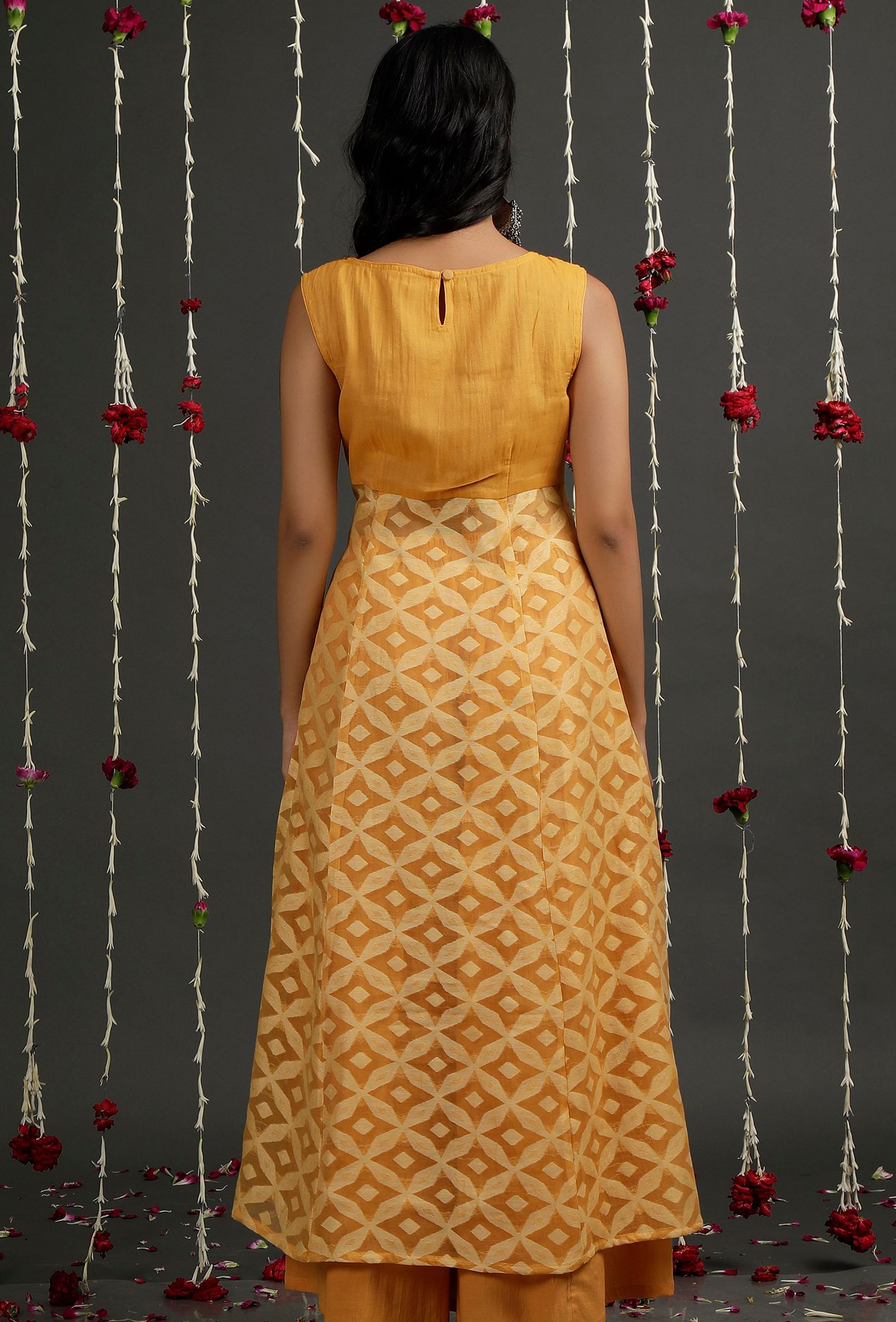 Sheer Mustard Floral Jamdani Flared Kurta