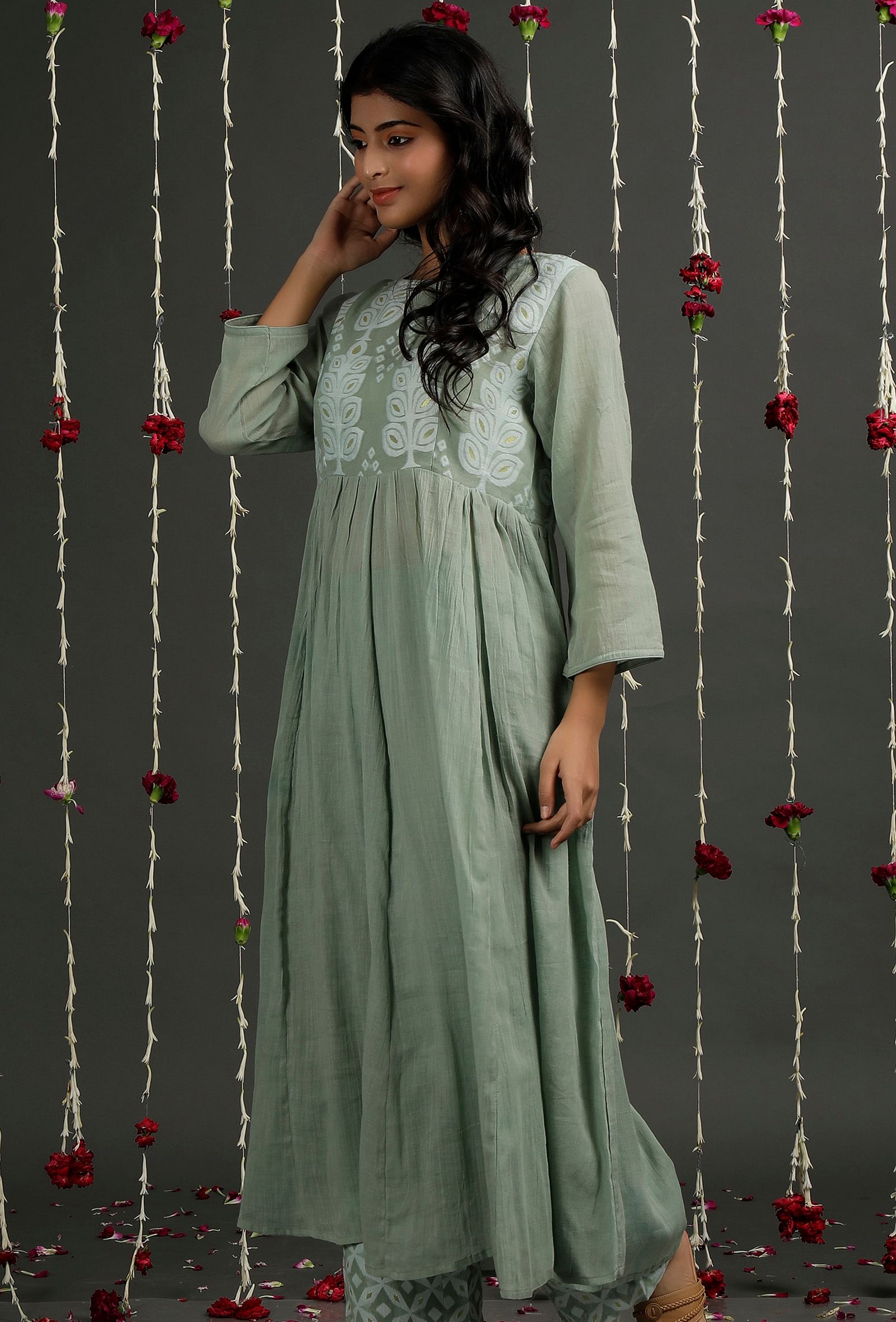 Olive Green Floral Jamdani Front Gather Kurta Dress