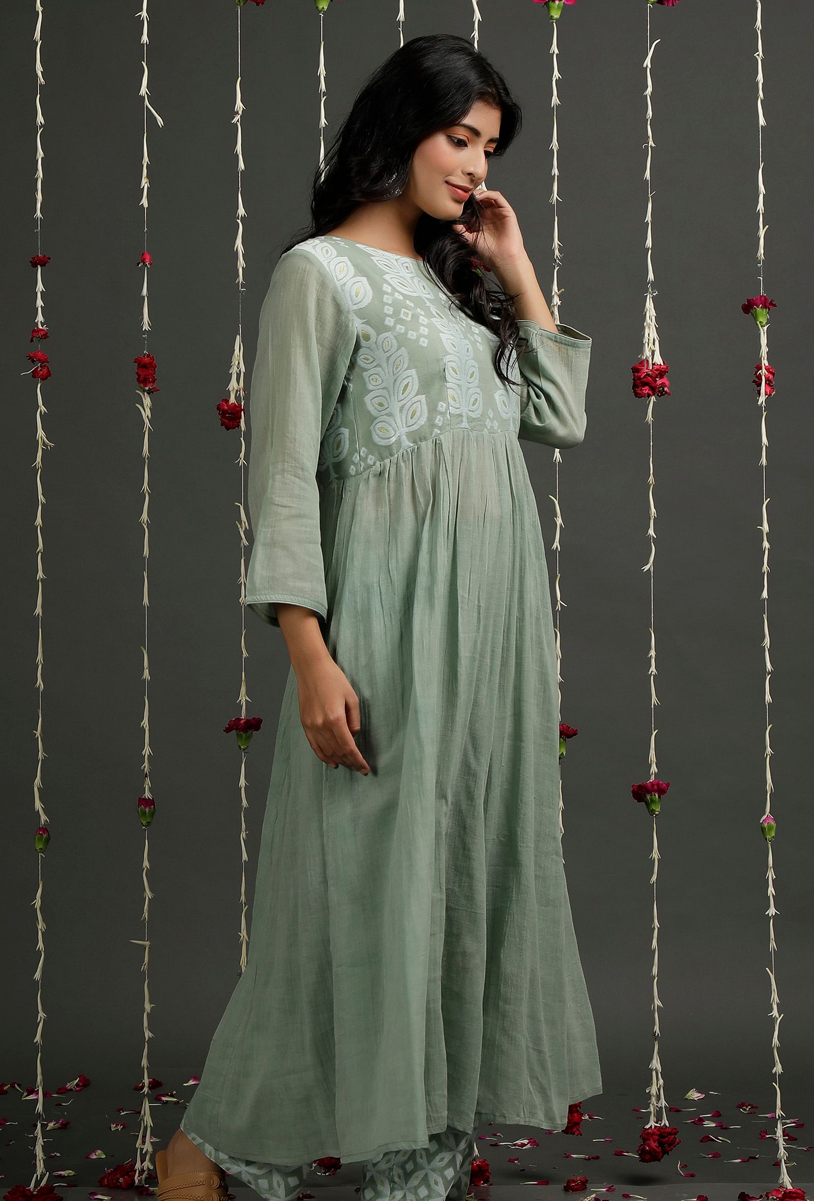 Olive Green Floral Jamdani Front Gather Kurta Dress