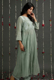 Olive Green Floral Jamdani Front Gather Kurta Dress