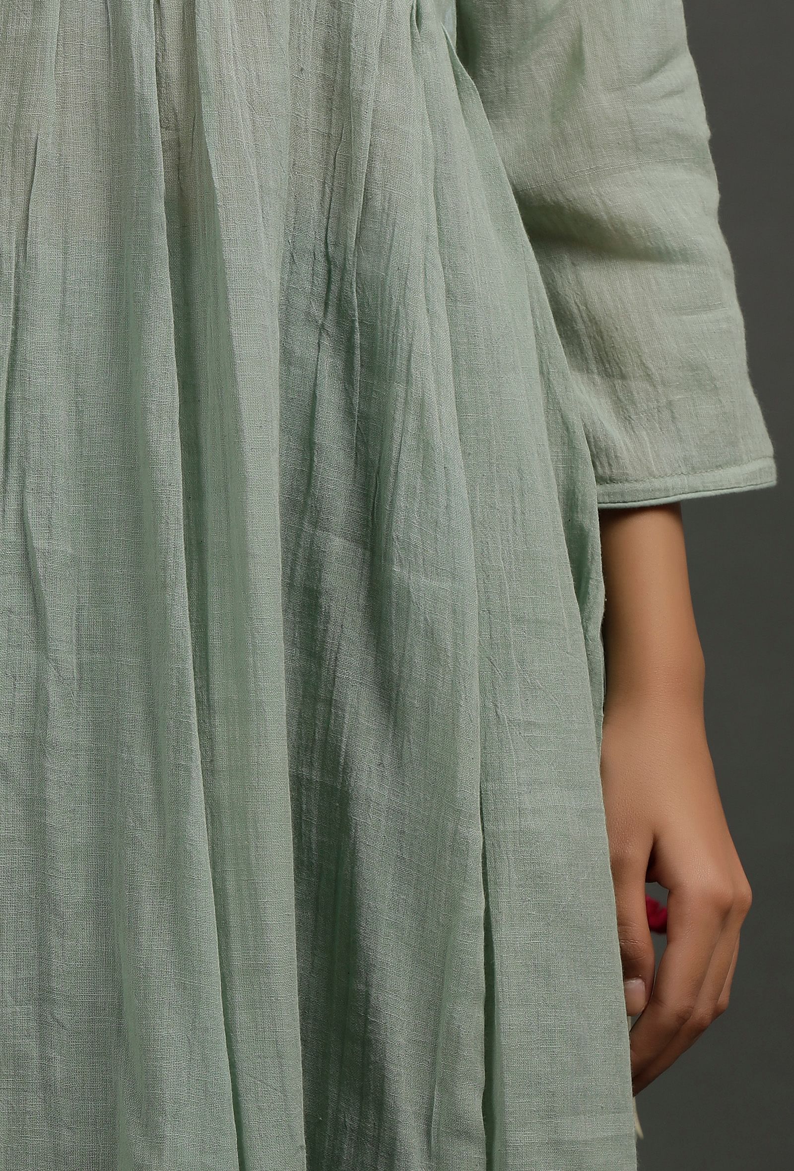 Olive Green Floral Jamdani Front Gather Kurta Dress