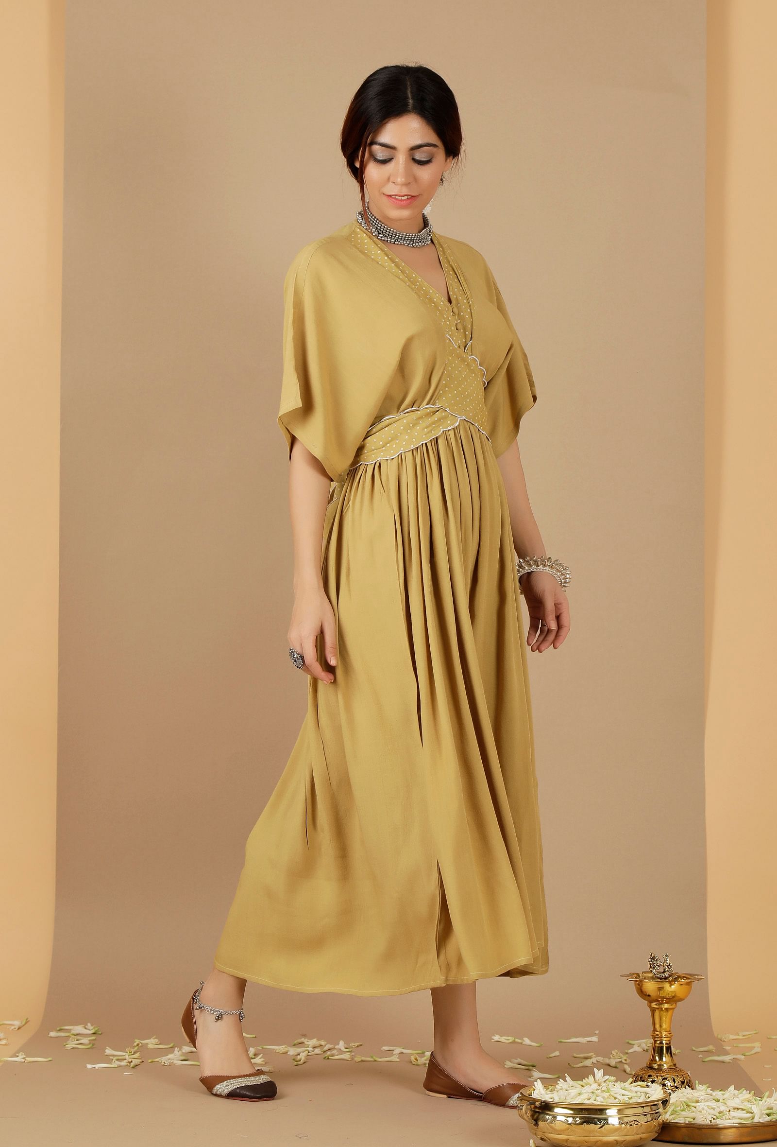 Bandhani Gathered & Flared Dress With Attached Belt