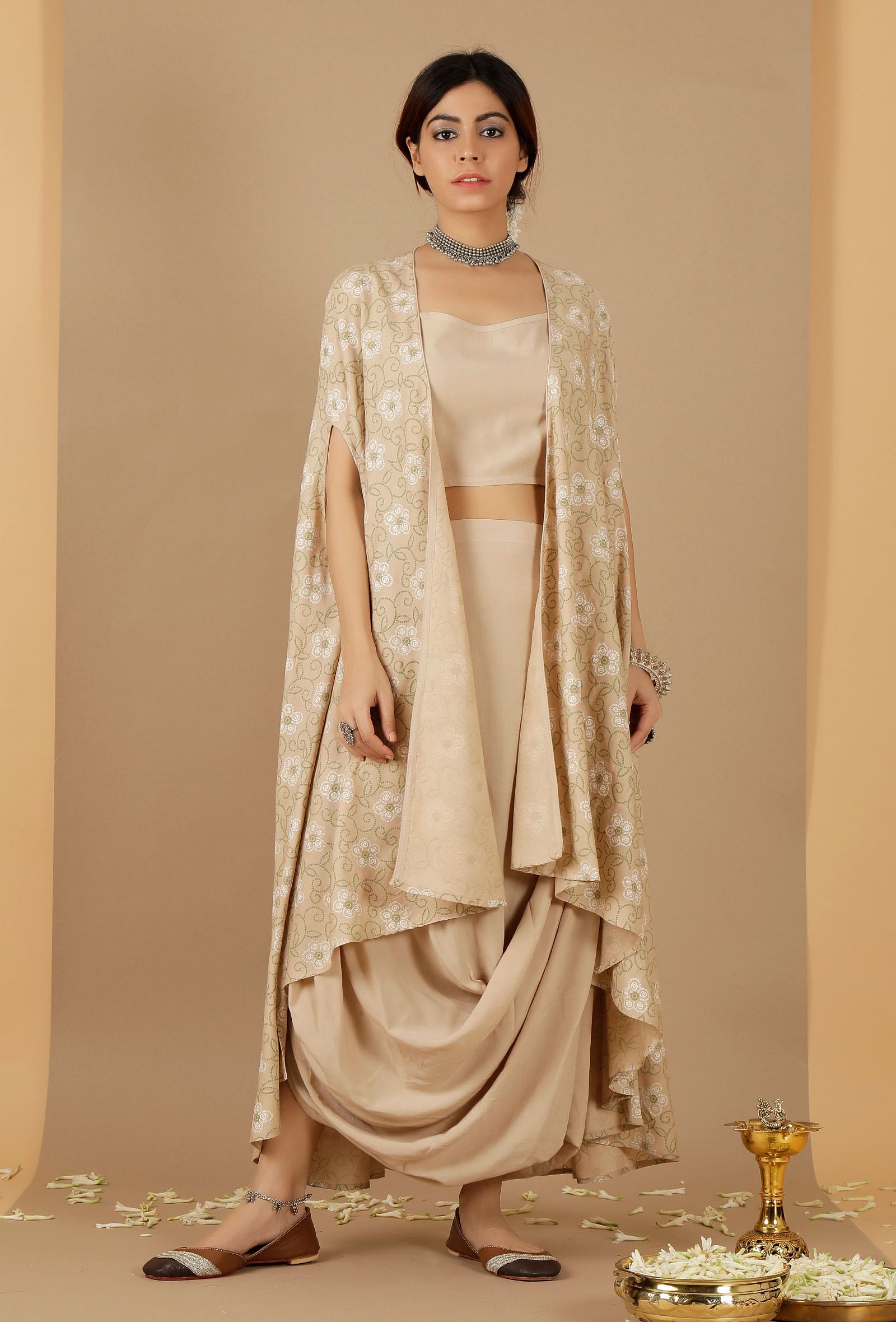 Beige Bandhani Asymmetrical Cape
