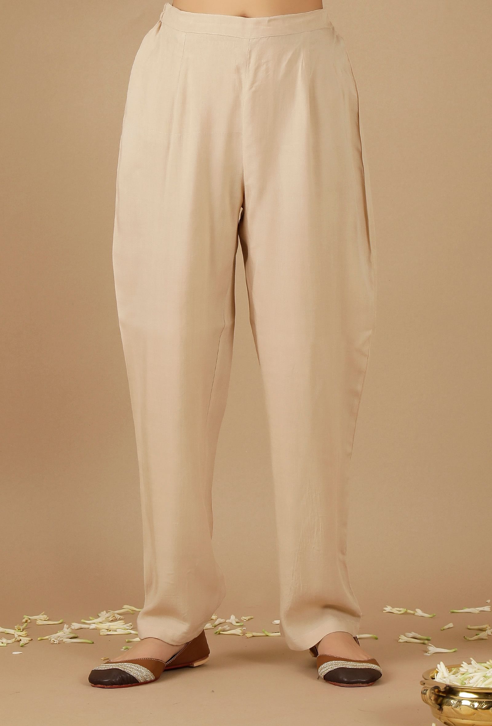 Beige Plain Rayon Straight Pants