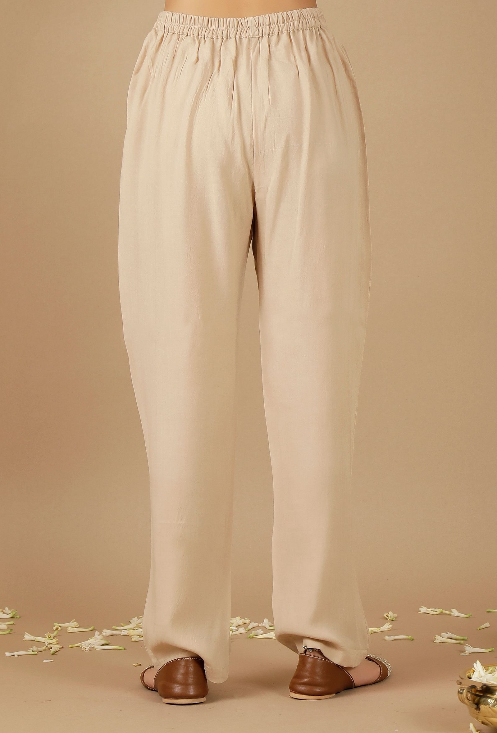 Beige Plain Rayon Straight Pants