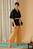 Set Of 2: Mulmul Cotton Black Robe And Mustard Straight pants