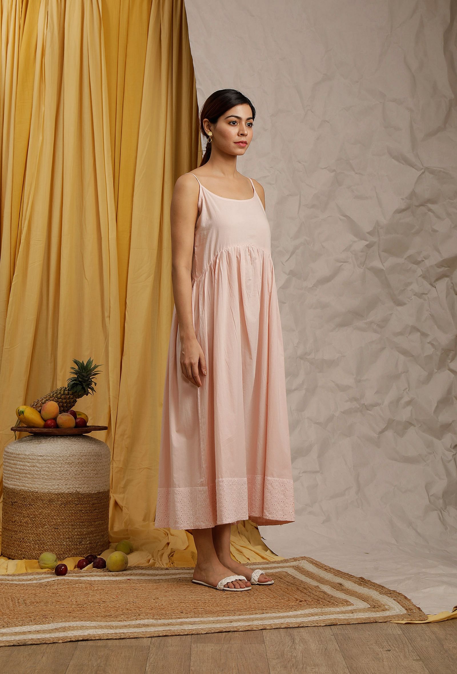 Baby Pink Cotton Schiffli Gathered Slip Dress