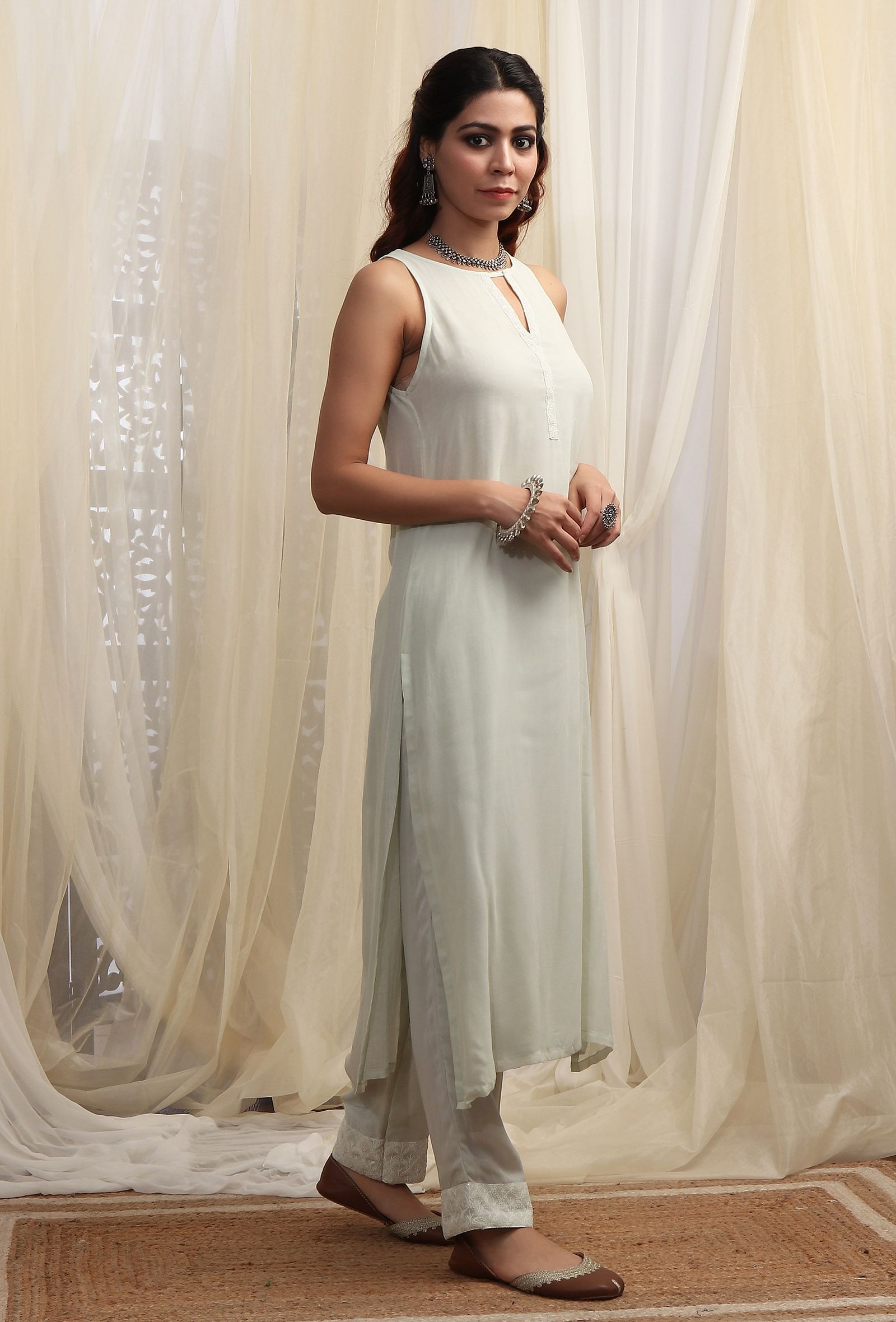 Tea Green Plain Halter Neck Kurta With Sequin Embroidery