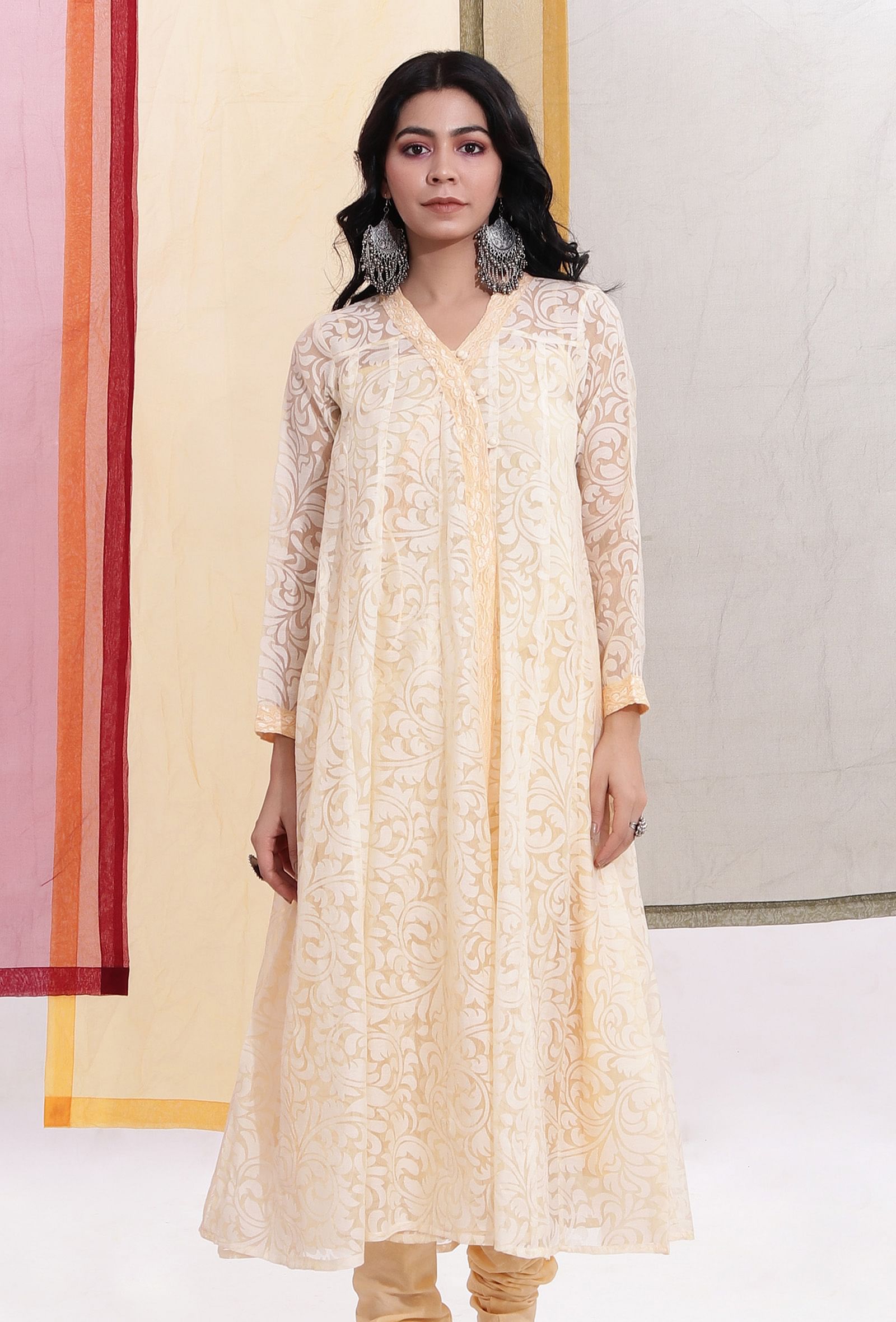 Light Yellow Brasso Organza Kalidar Angrakha Overlay Kurta
