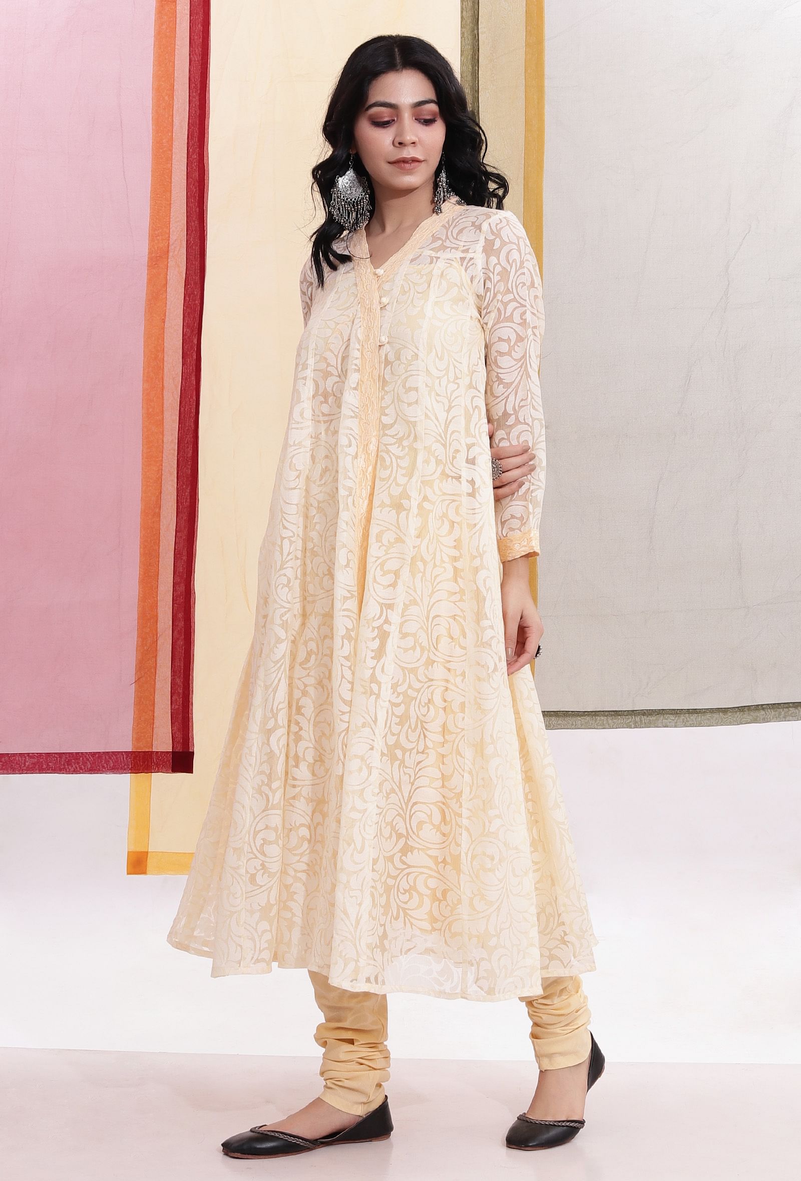 Light Yellow Brasso Organza Kalidar Angrakha Overlay Kurta