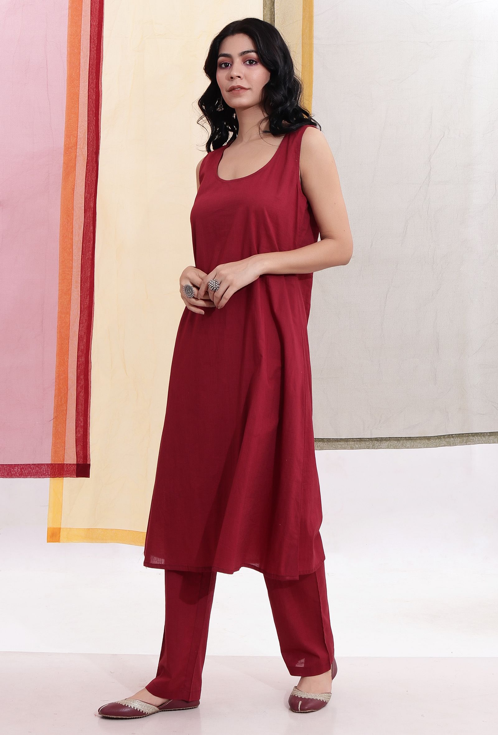 Carmine Red Sleeveless Flared Slip Kurta