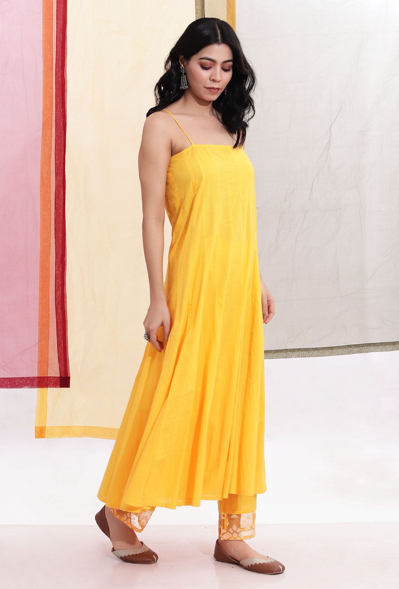 Bumblebee Yellow Cotton Kalidar Slip Kurta